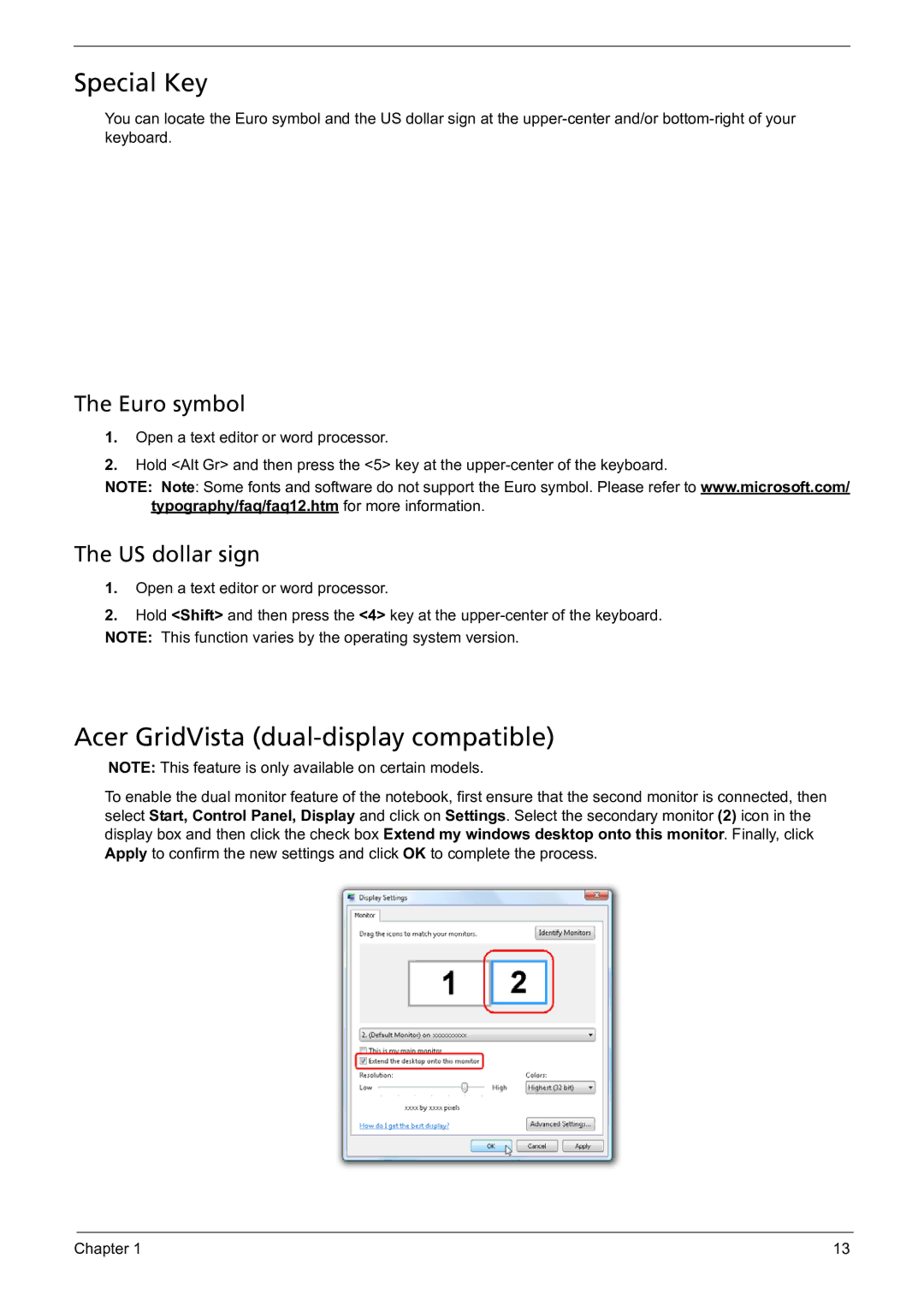 Acer 5241 manual Special Key, Acer GridVista dual-display compatible, Euro symbol, US dollar sign 