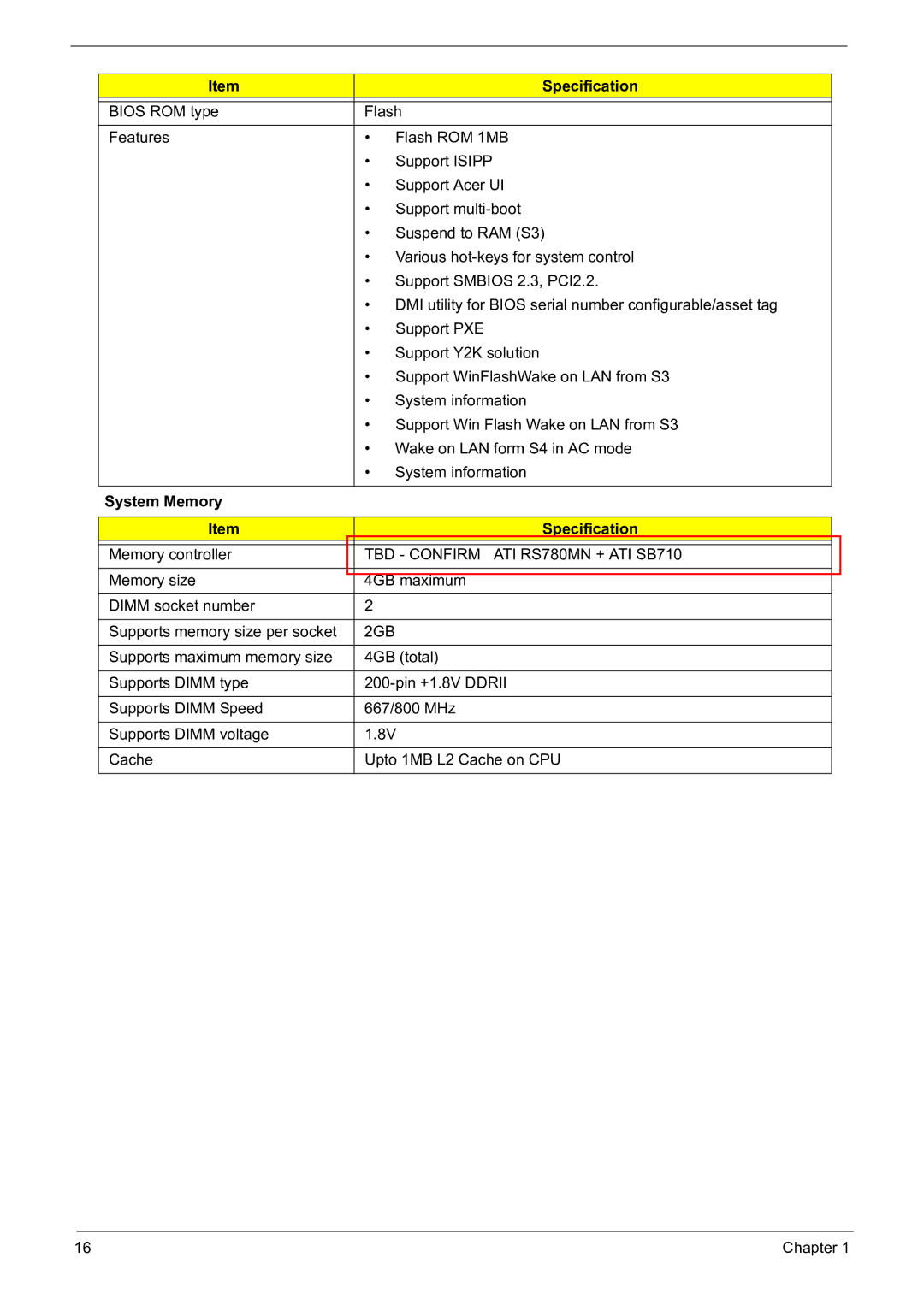 Acer 5241 manual System Memory Specification, TBD Confirm ATI RS780MN + ATI SB710, 2GB 