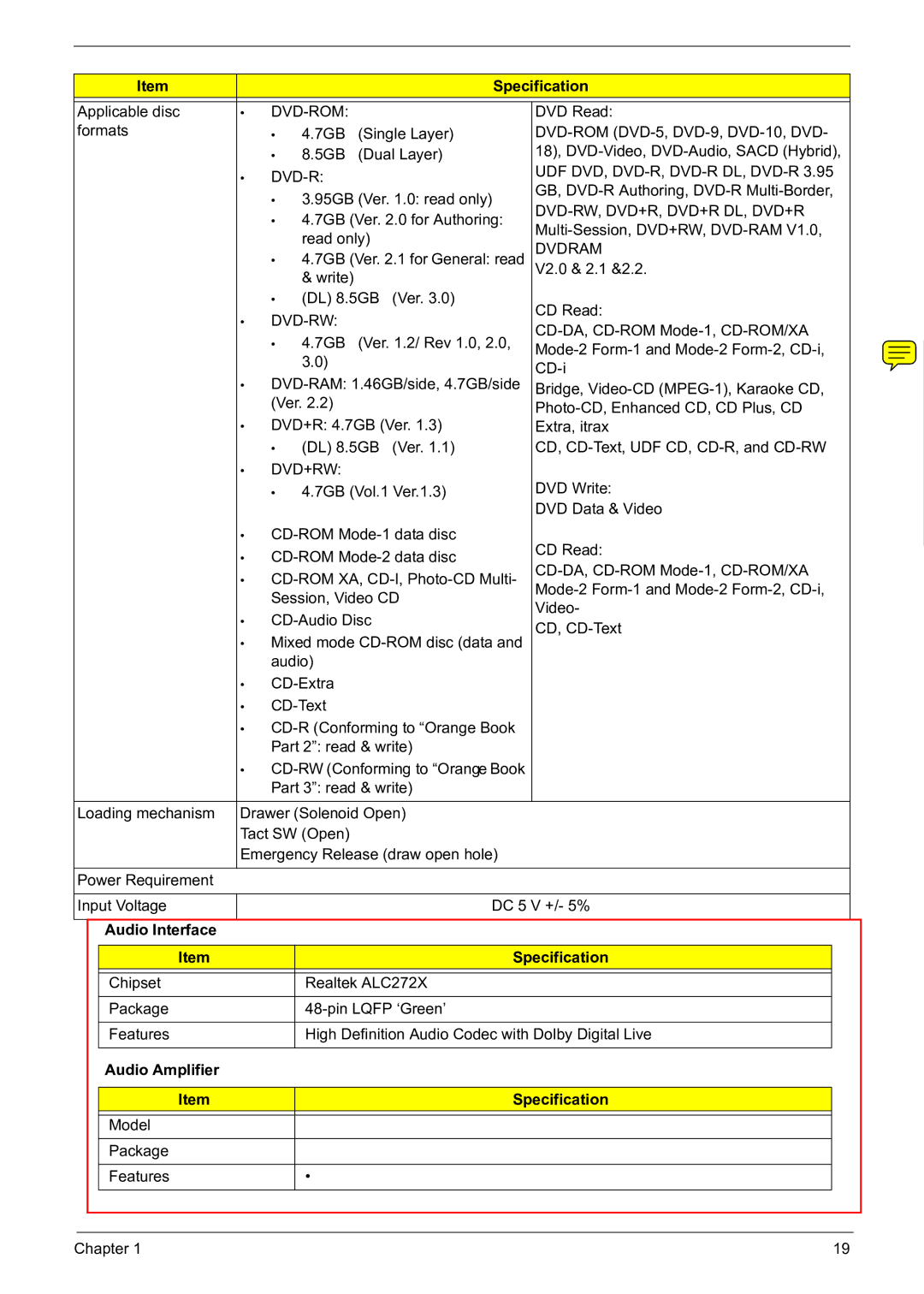 Acer 5241 manual Audio Interface Specification, Audio Amplifier Specification 