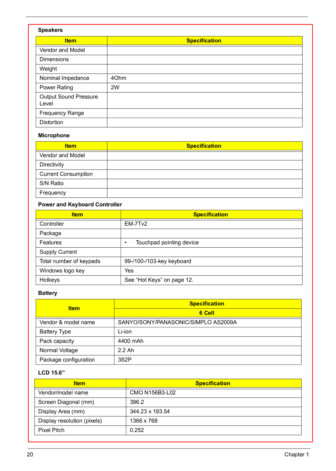 Acer 5241 Speakers Specification, Microphone Specification, Power and Keyboard Controller, Battery Specification Cell 