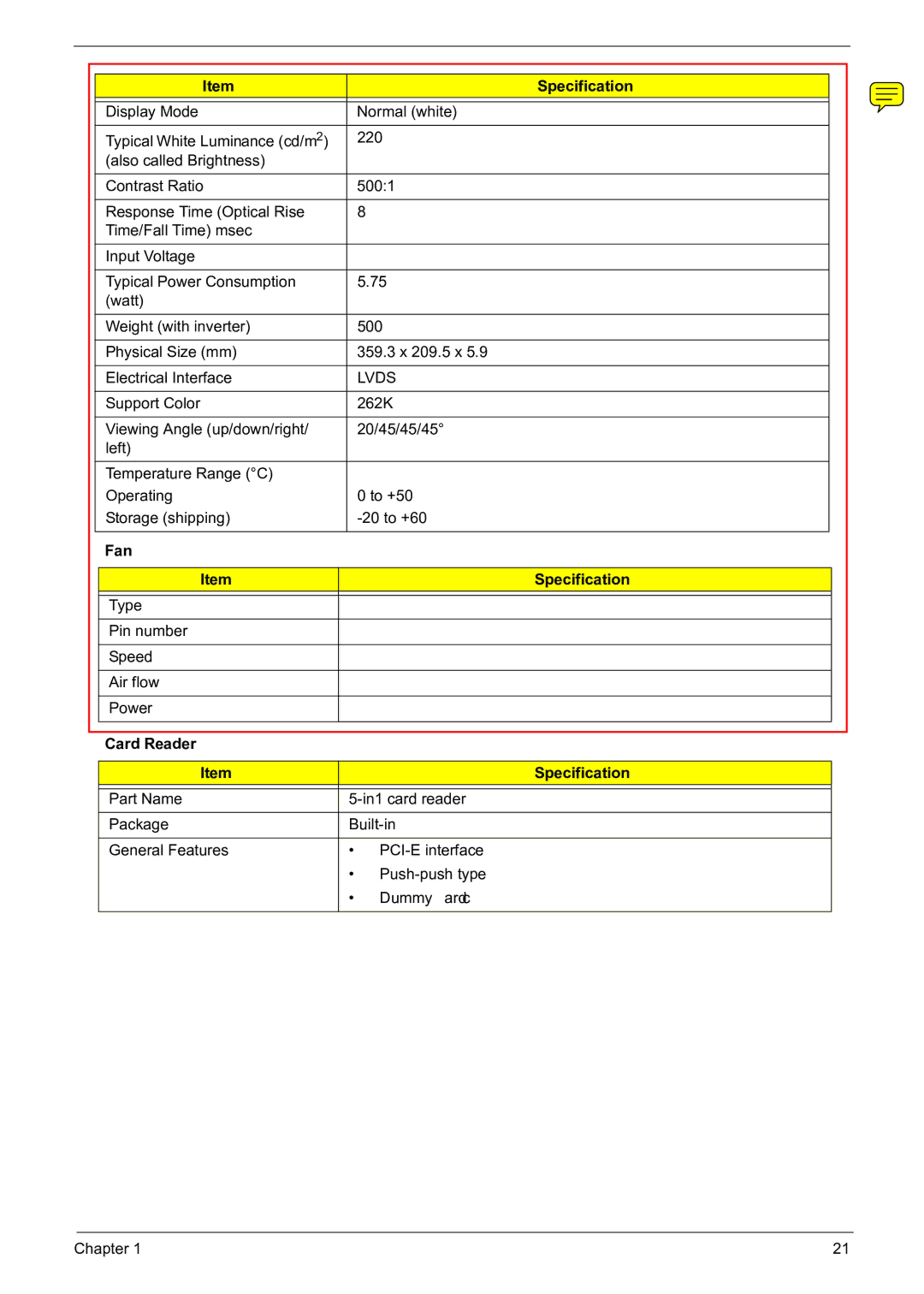 Acer 5241 manual Lvds, Fan Specification, Card Reader Specification 