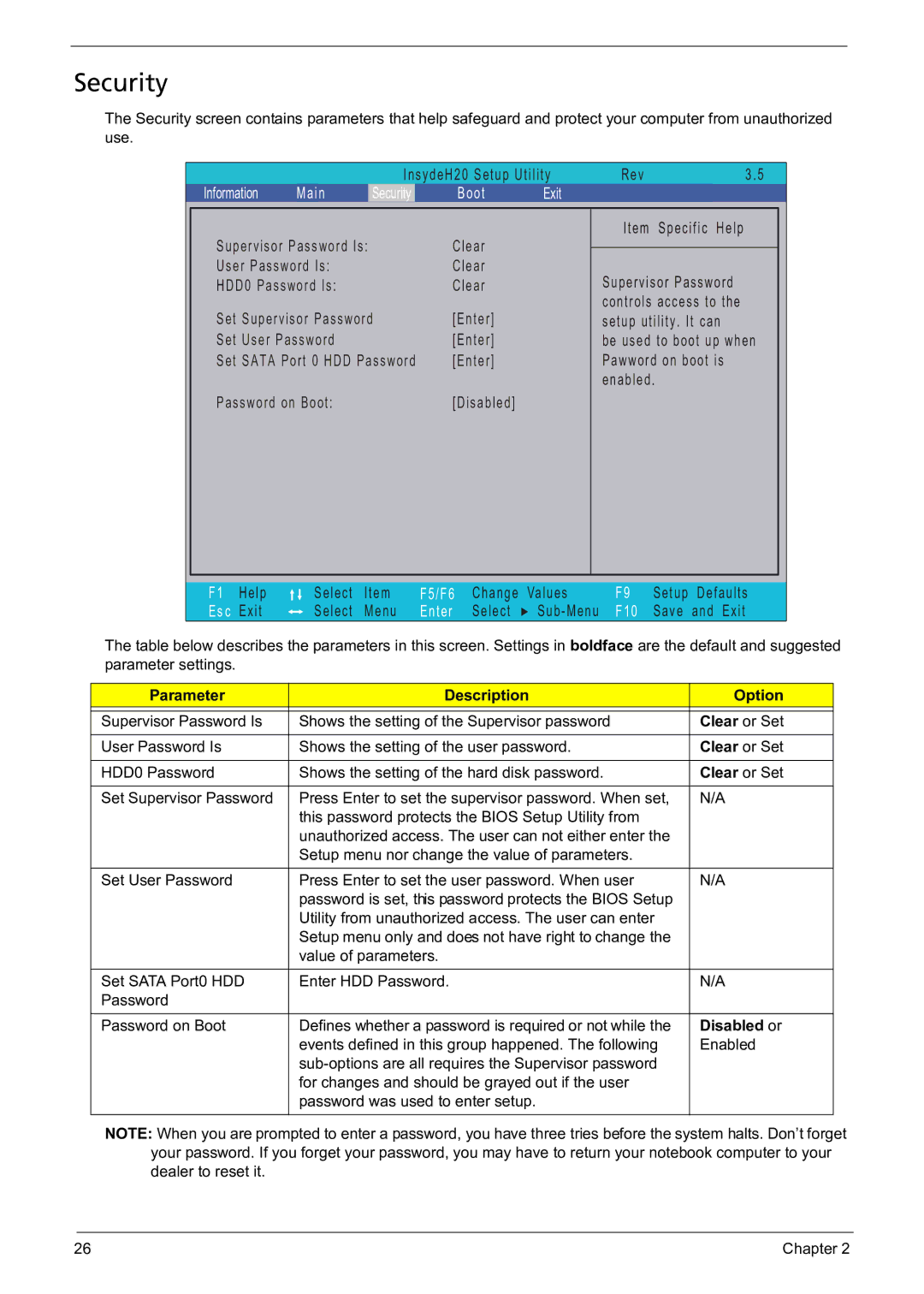 Acer 5241 manual Security, Parameter Description Option, Clear or Set, Disabled or 