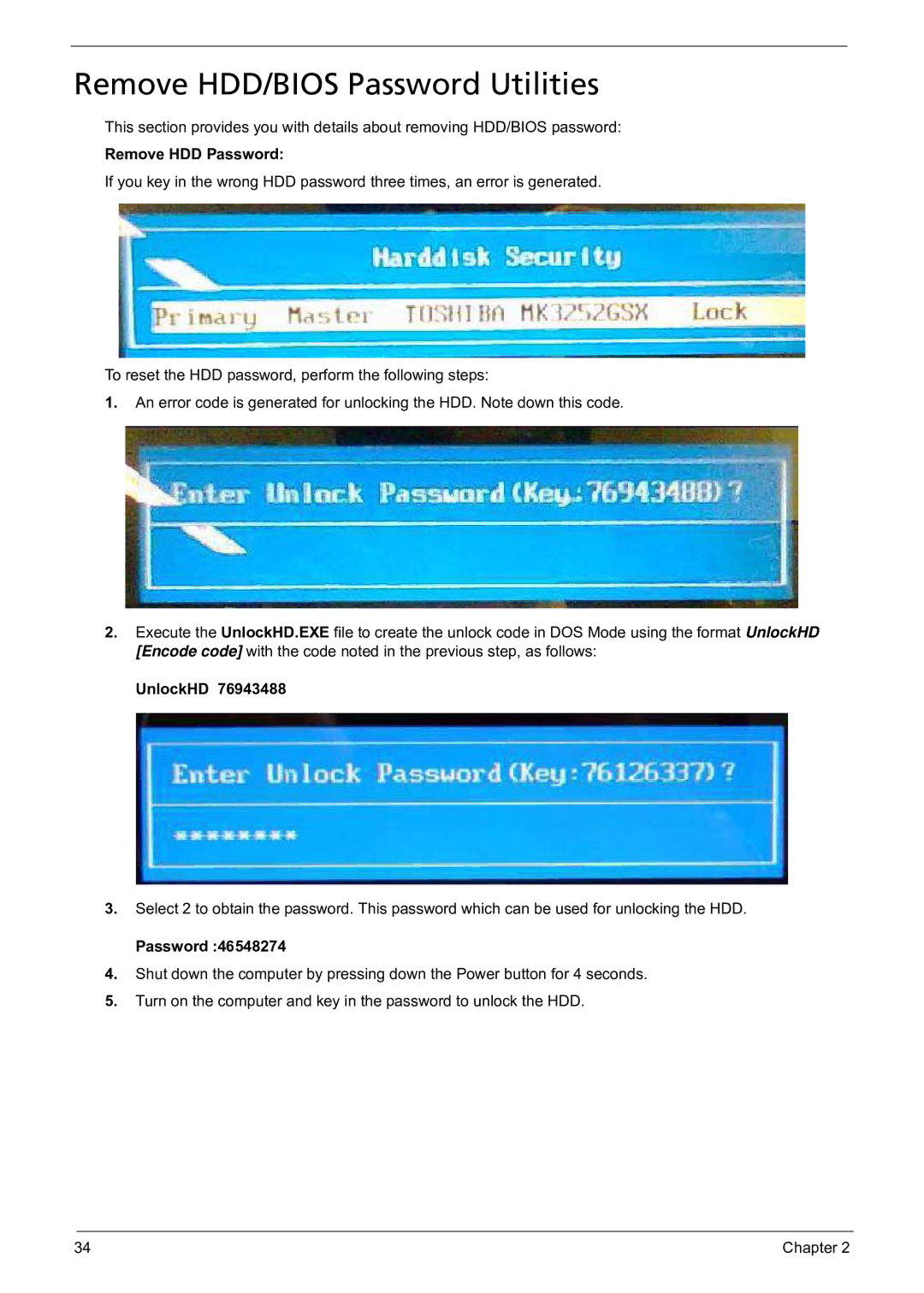 Acer 5241 manual Remove HDD/BIOS Password Utilities, Remove HDD Password, UnlockHD 