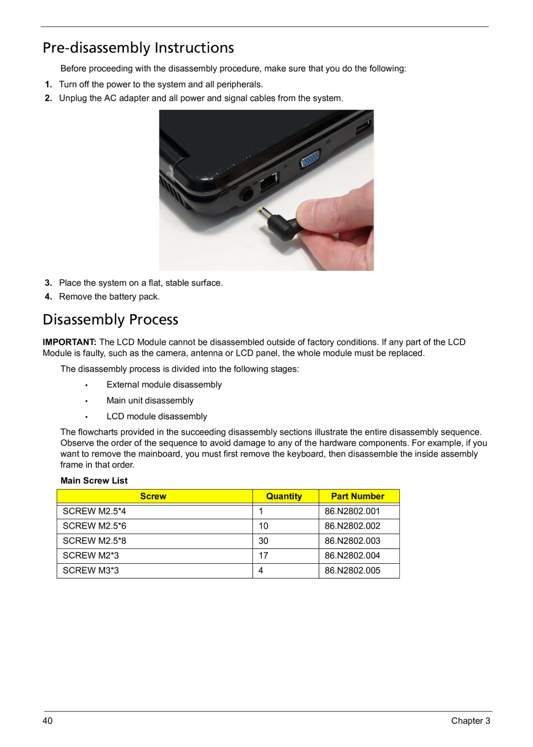 Acer 5241 Pre-disassembly Instructions, Disassembly Process, Main Screw List Quantity Part Number, Screw M2*3, Screw M3*3 