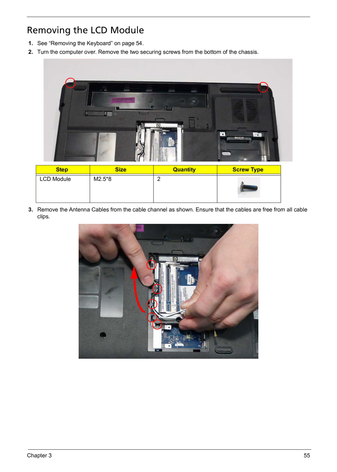 Acer 5241 manual Removing the LCD Module, Step Size Quantity Screw Type LCD Module M2.5*8 