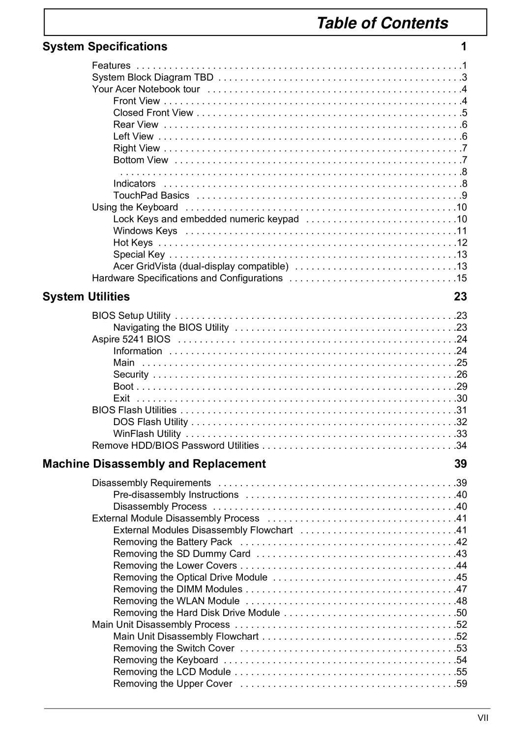 Acer 5241 manual Table of Contents 