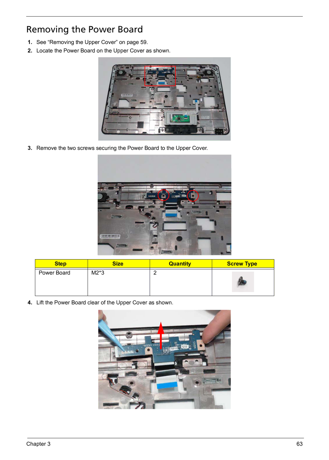 Acer 5241 manual Removing the Power Board, Step Size Quantity Screw Type Power Board M2*3 