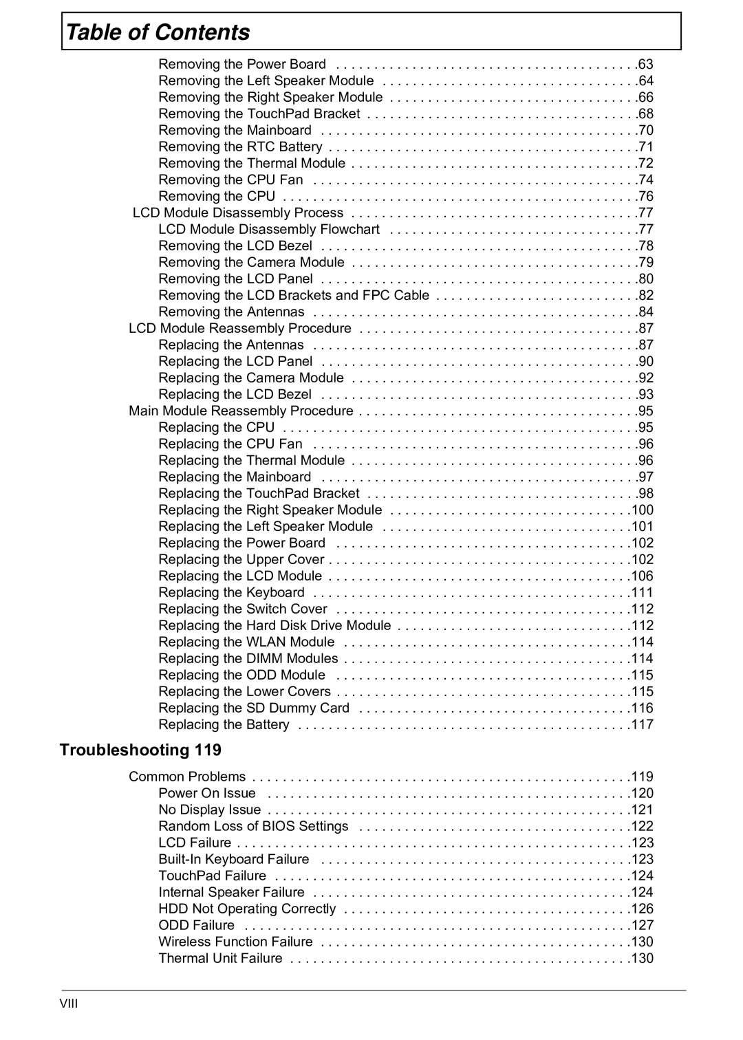 Acer 5241 manual Troubleshooting, Viii 