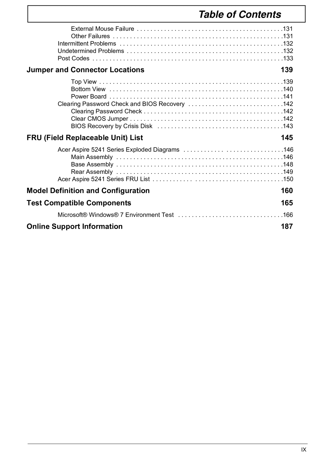 Acer 5241 manual Jumper and Connector Locations 139, Microsoft Windows 7 Environment Test 