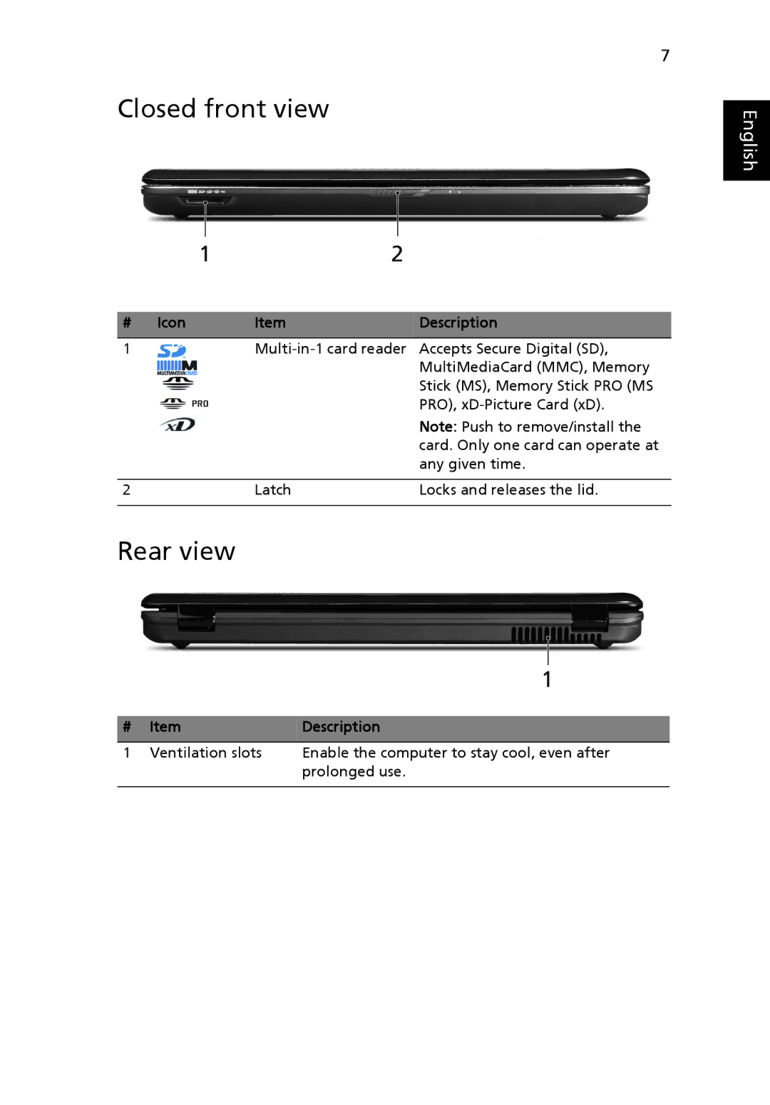 Acer 5542, 5242 manual Closed front view, Rear view, # Icon Description 