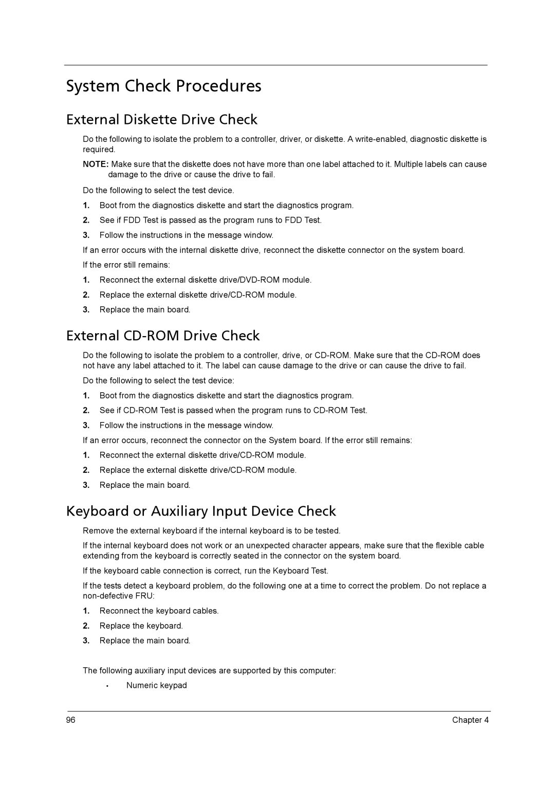 Acer 5738G, 5242, 5542G, 5738DZG manual System Check Procedures, External Diskette Drive Check, External CD-ROM Drive Check 