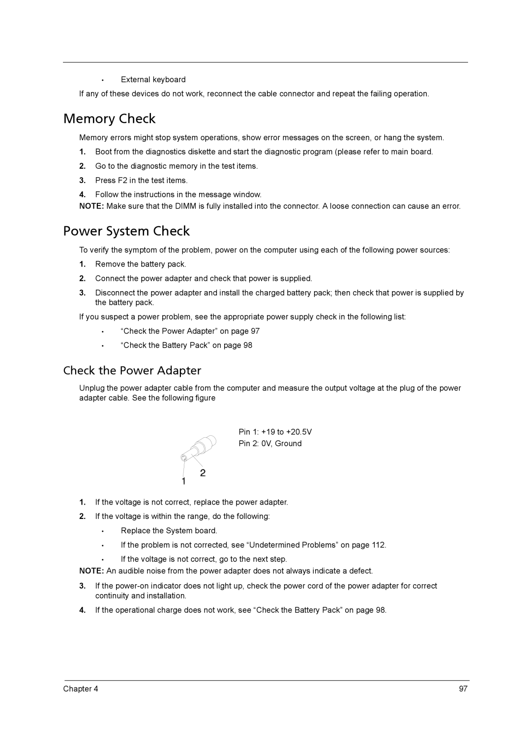 Acer 5242, 5542G, 5738DZG, 5738G manual Memory Check, Power System Check 