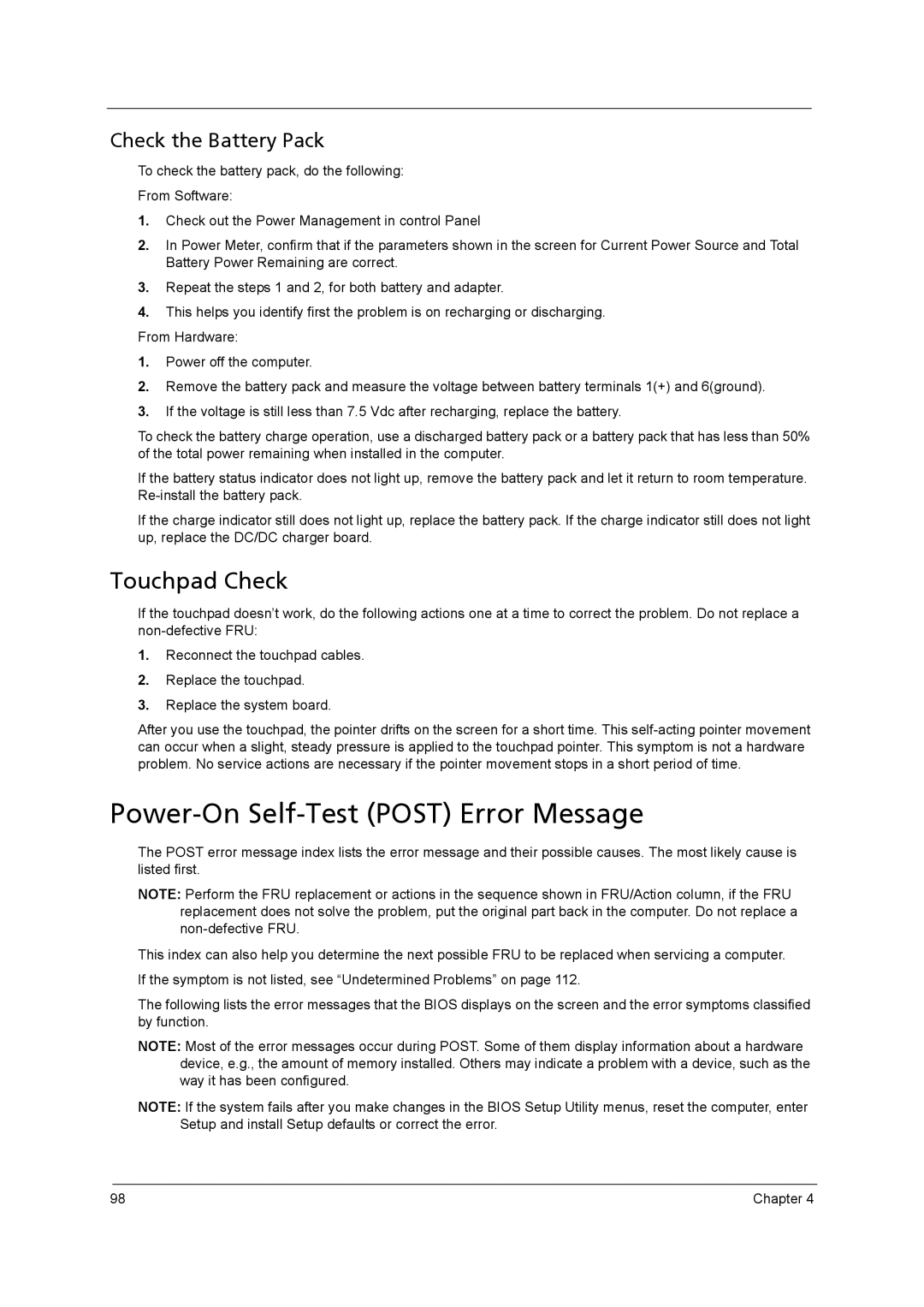 Acer 5542G, 5242, 5738DZG, 5738G manual Power-On Self-Test Post Error Message, Touchpad Check 