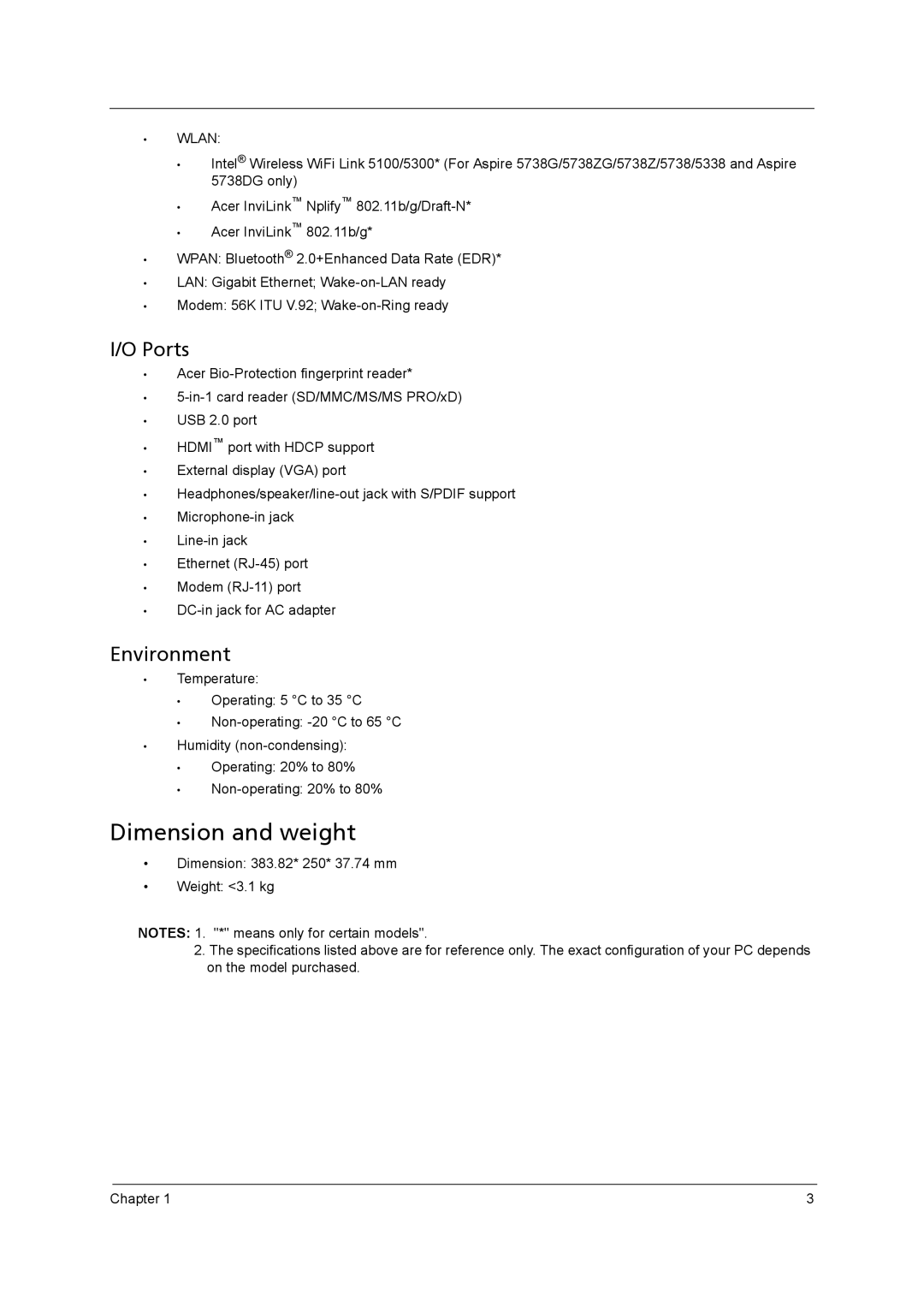 Acer 5542G, 5242, 5738DZG, 5738G manual Dimension and weight, Wlan 