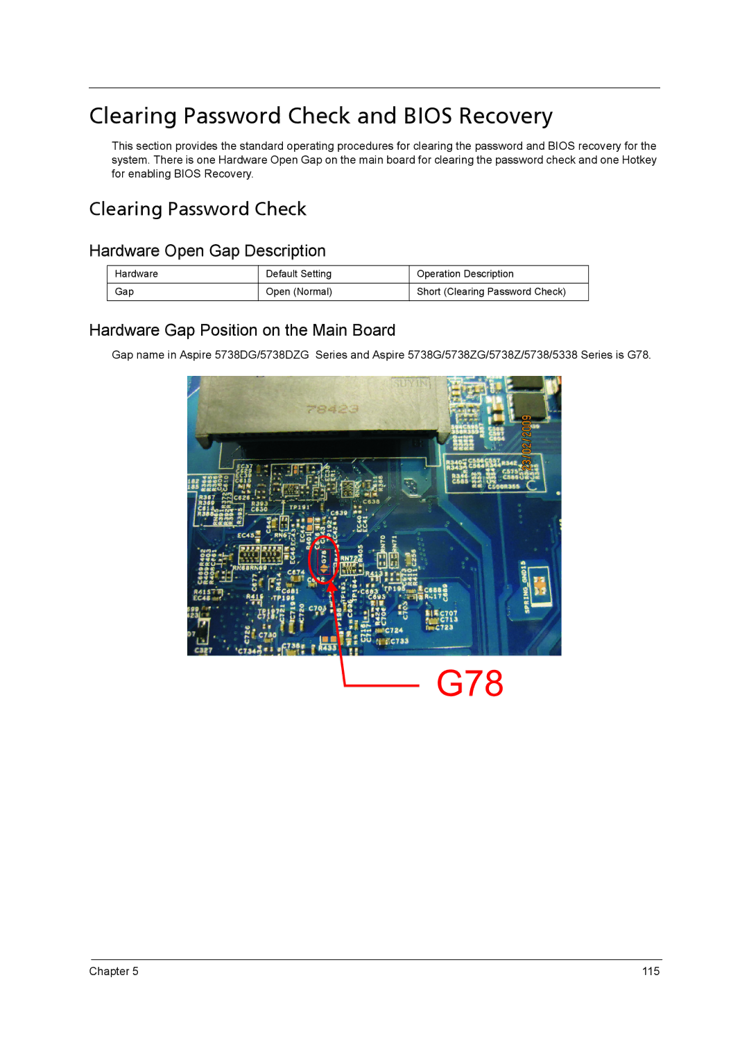 Acer 5738DZG, 5242, 5542G, 5738G manual Clearing Password Check and Bios Recovery 