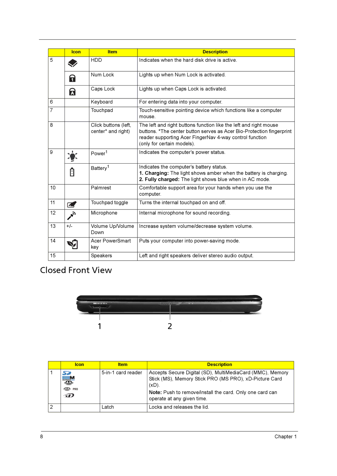 Acer 5542G, 5242, 5738DZG, 5738G Closed Front View, Indicates when the hard disk drive is active, Only for certain models 