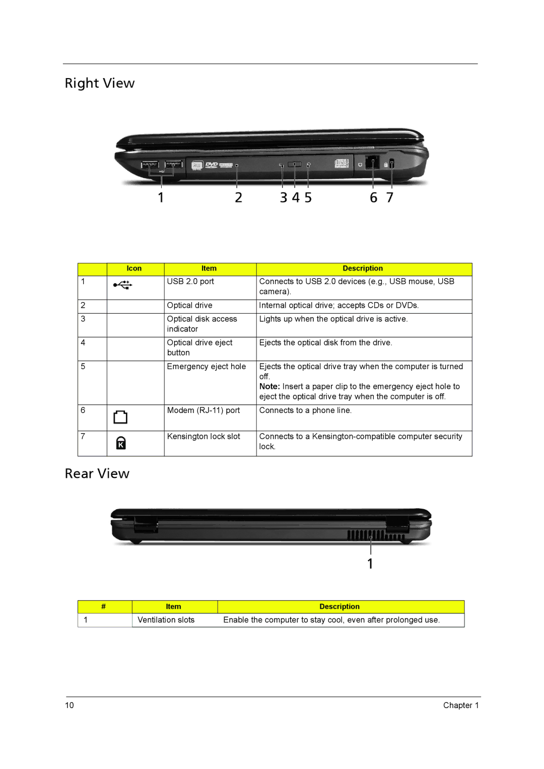 Acer 5738DZG, 5242, 5542G, 5738G Right View, Rear View, Off, Eject the optical drive tray when the computer is off, Lock 