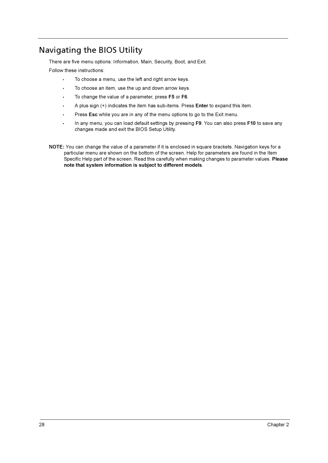 Acer 5542G, 5242, 5738DZG, 5738G manual Navigating the Bios Utility 