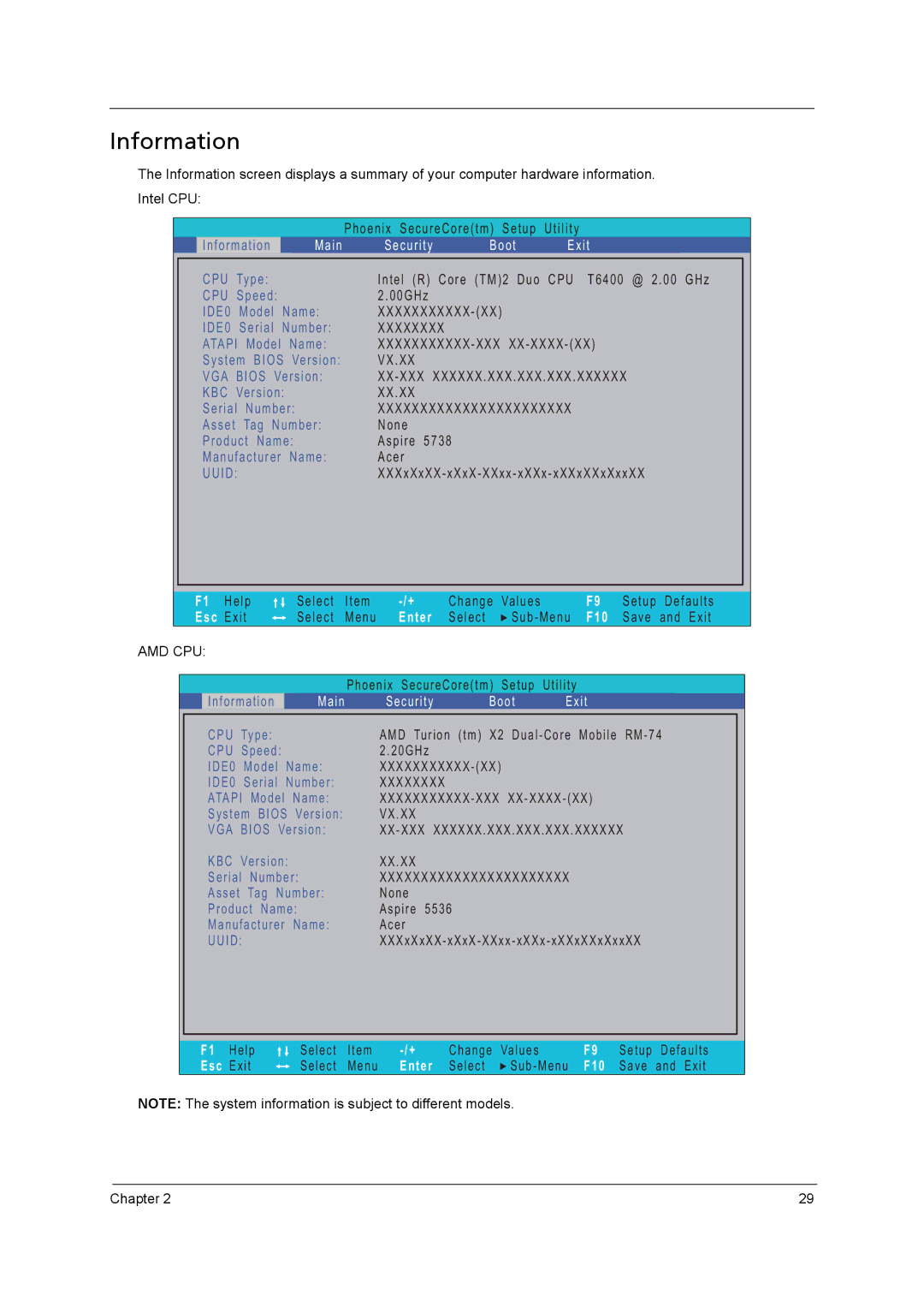 Acer 5242, 5542G, 5738DZG, 5738G manual Information 