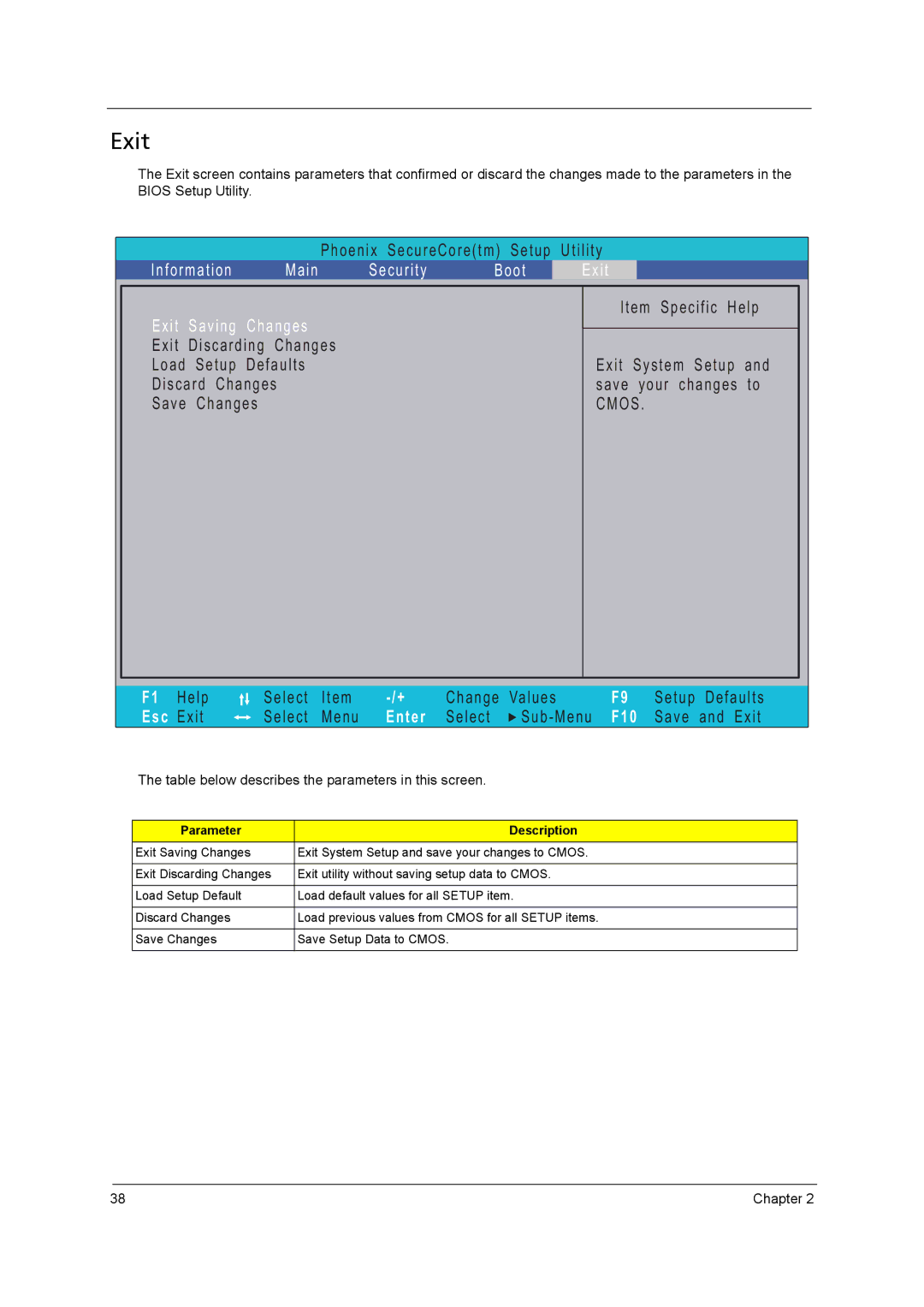 Acer 5542G, 5242, 5738DZG, 5738G manual Exit, Table below describes the parameters in this screen 