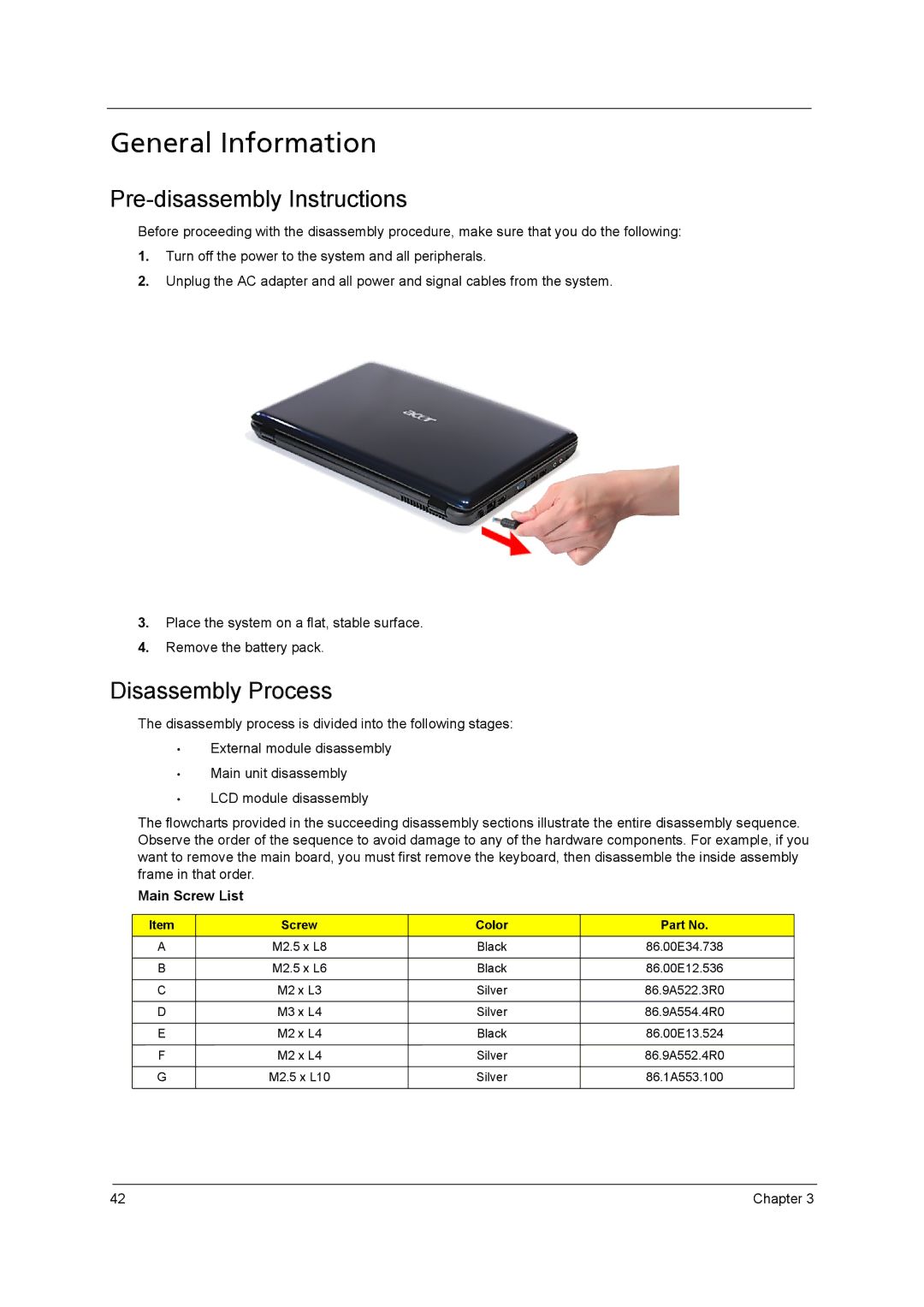 Acer 5242, 5542G, 5738DZG, 5738G General Information, Pre-disassembly Instructions, Disassembly Process, Main Screw List 