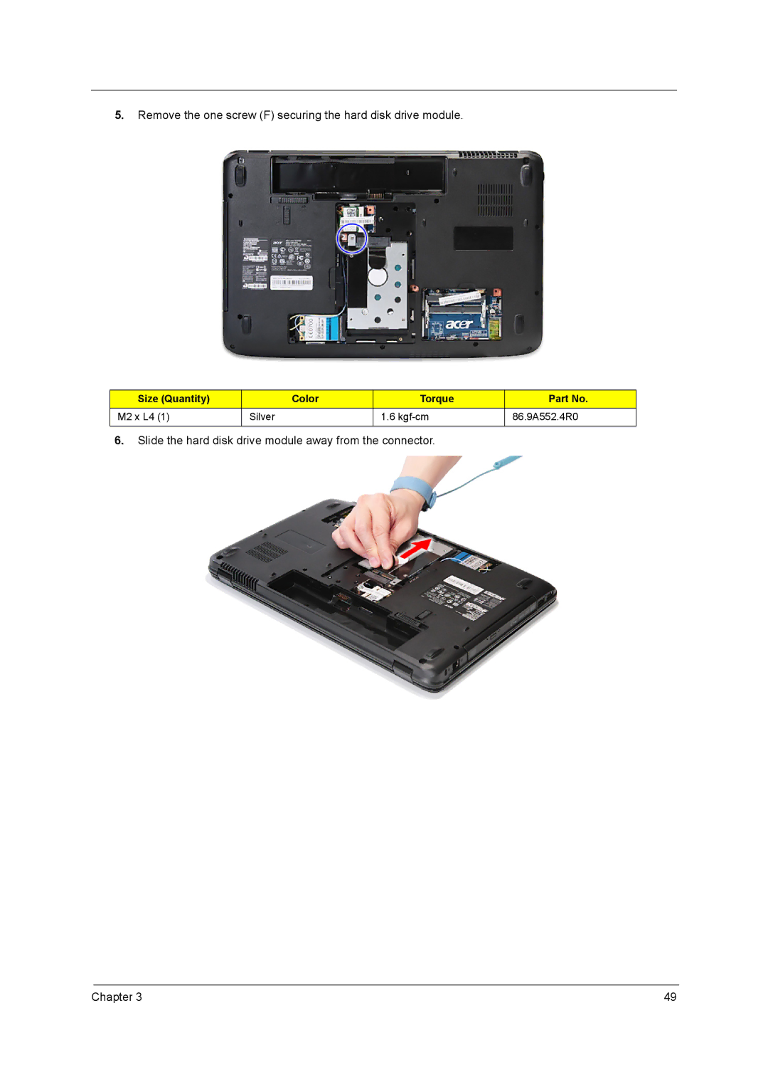 Acer 5242, 5542G, 5738DZG, 5738G manual Remove the one screw F securing the hard disk drive module 