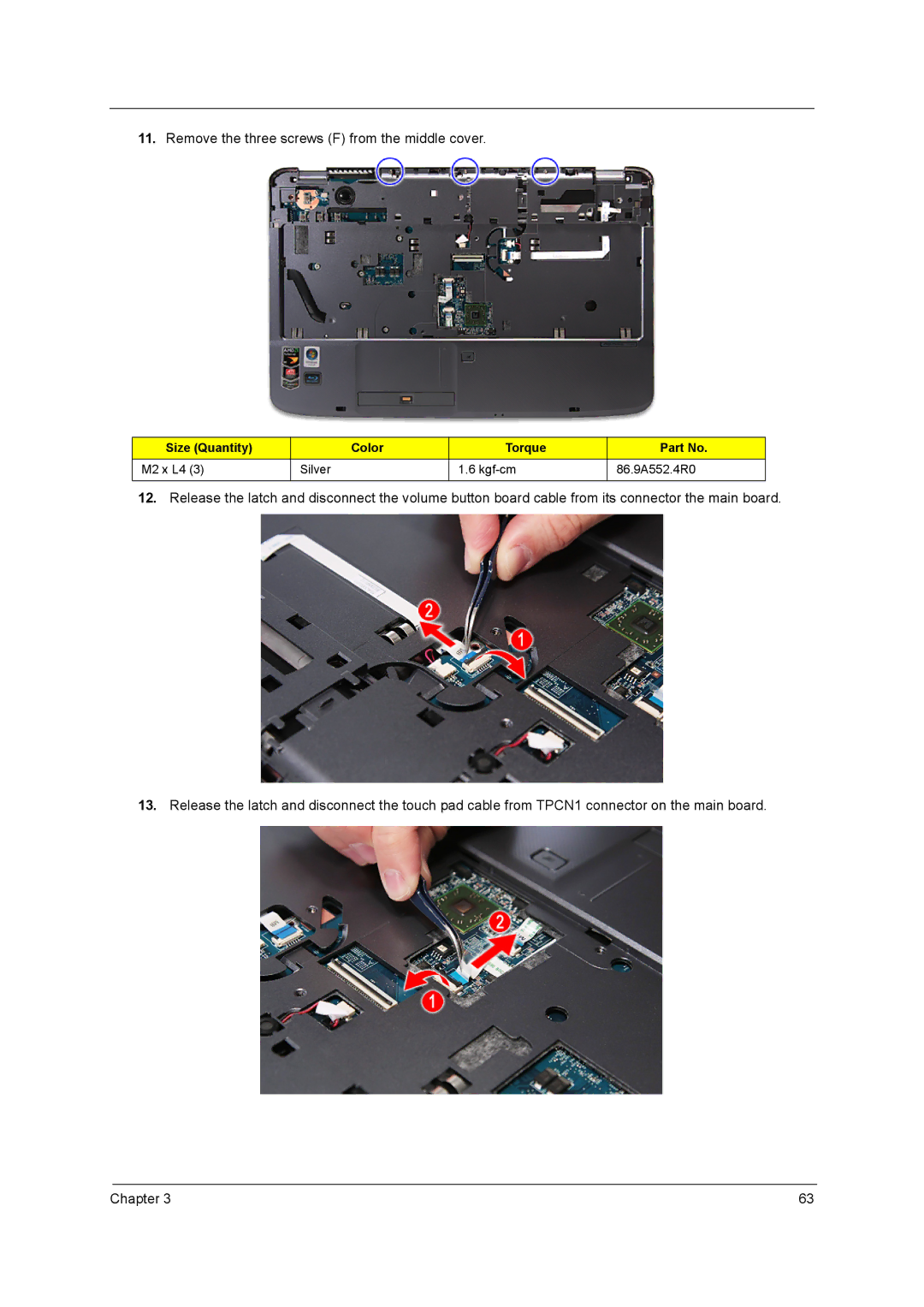 Acer 5542G, 5242, 5738DZG, 5738G manual Remove the three screws F from the middle cover 