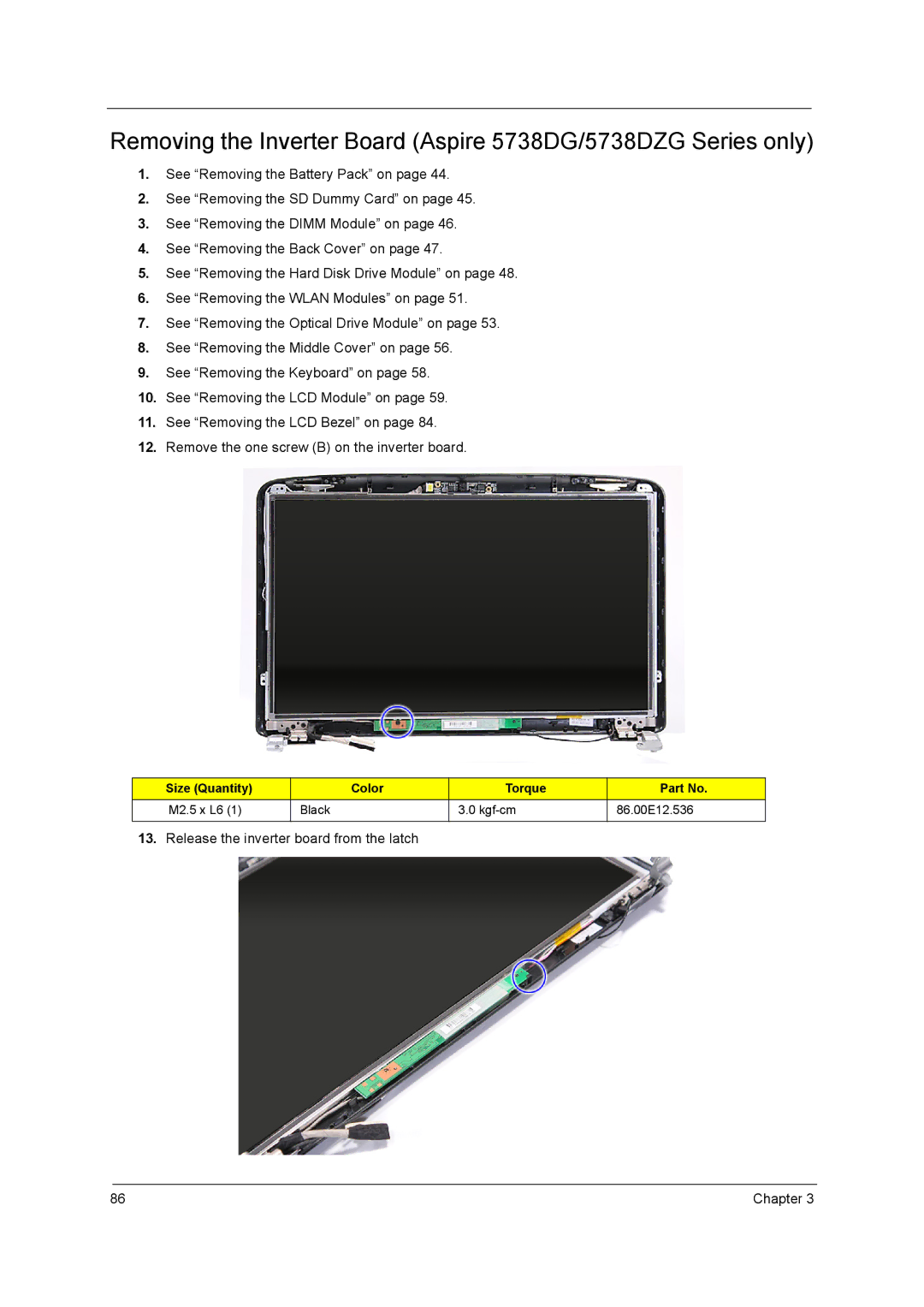 Acer 5738G, 5242, 5542G, 5738DZG manual Release the inverter board from the latch 