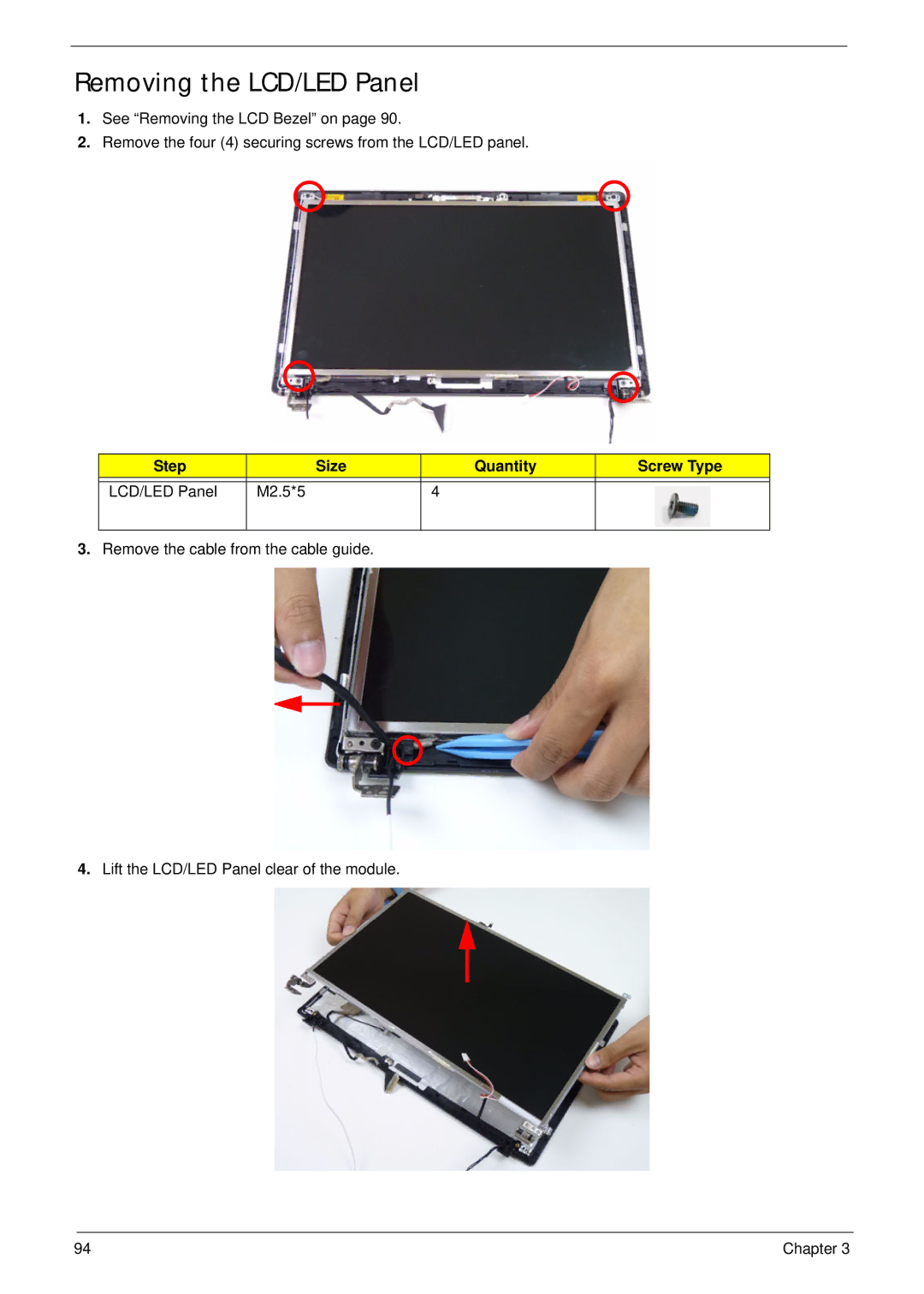 Acer 5252, 5552G manual Removing the LCD/LED Panel, Step Size Quantity Screw Type LCD/LED Panel M2.5*5 