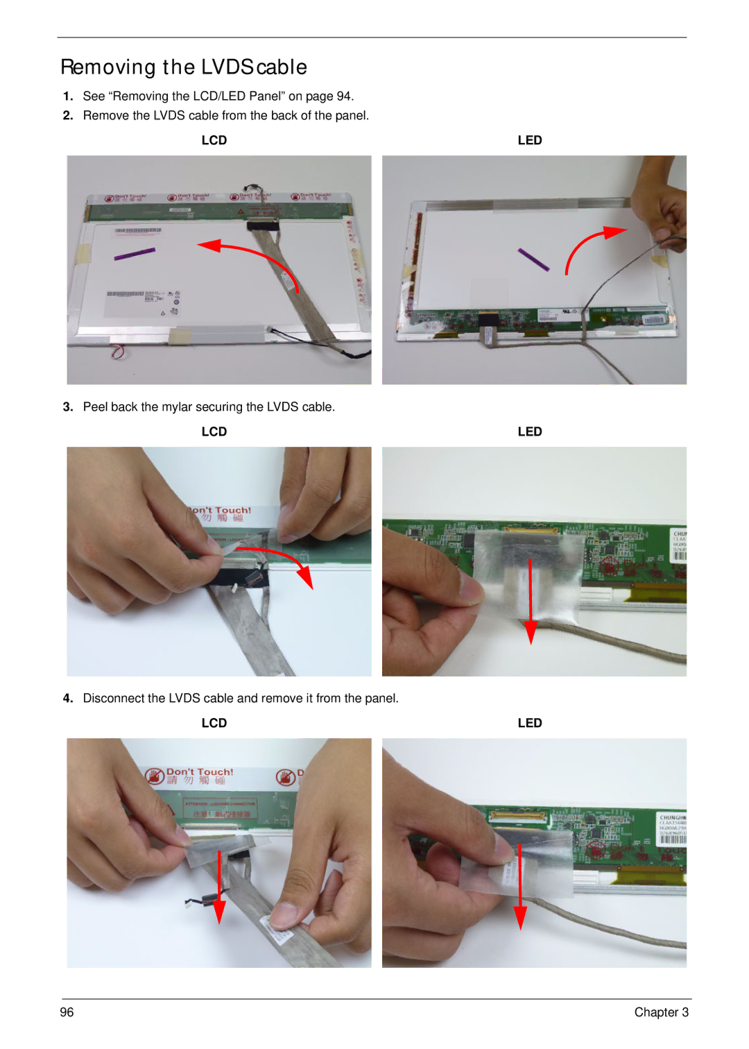 Acer 5552G, 5252 manual Removing the Lvds cable, Lcd Led 