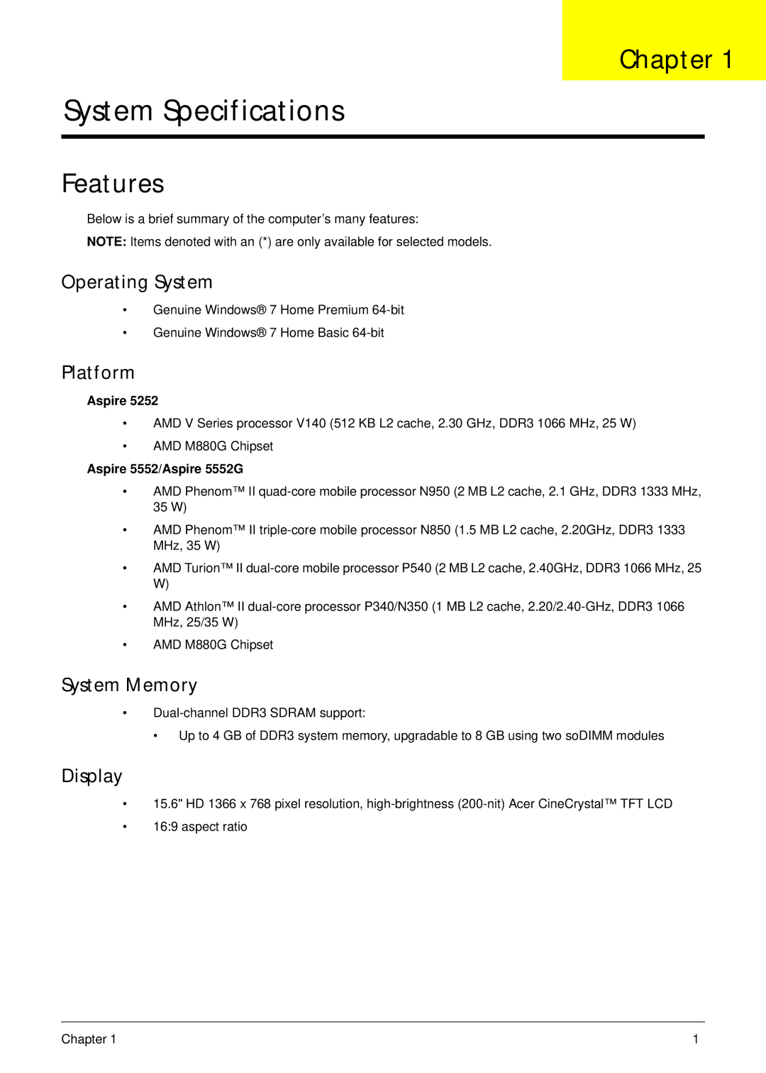 Acer 5252, 5552G manual Chapter, Features 