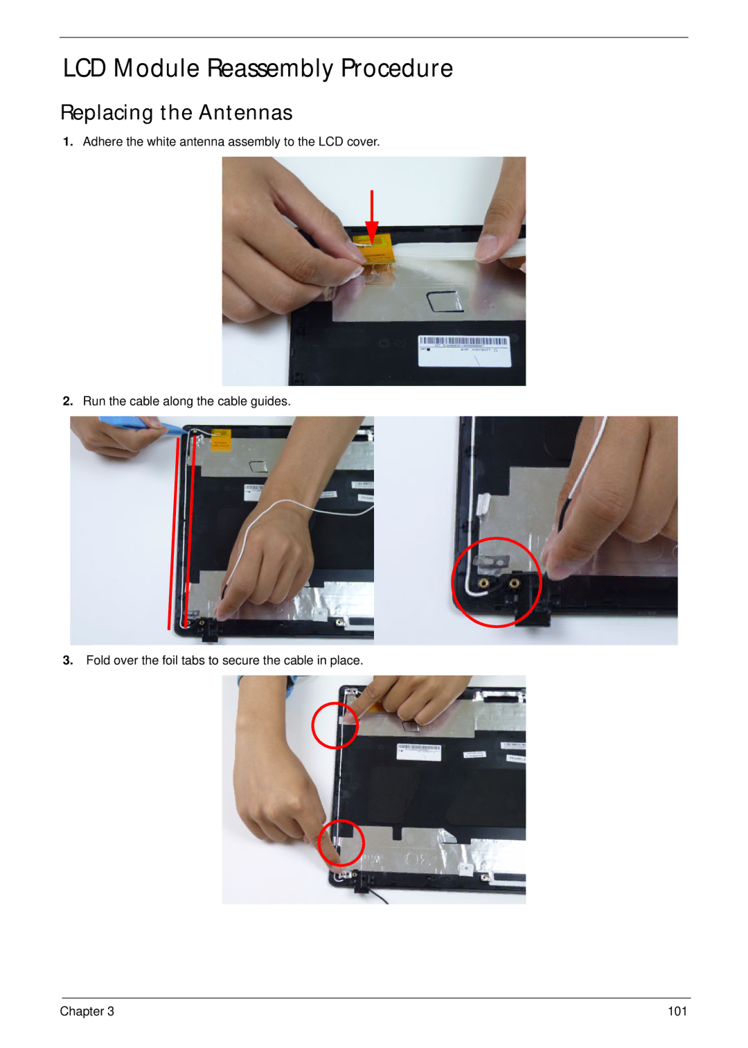 Acer 5252, 5552G manual LCD Module Reassembly Procedure, Replacing the Antennas 