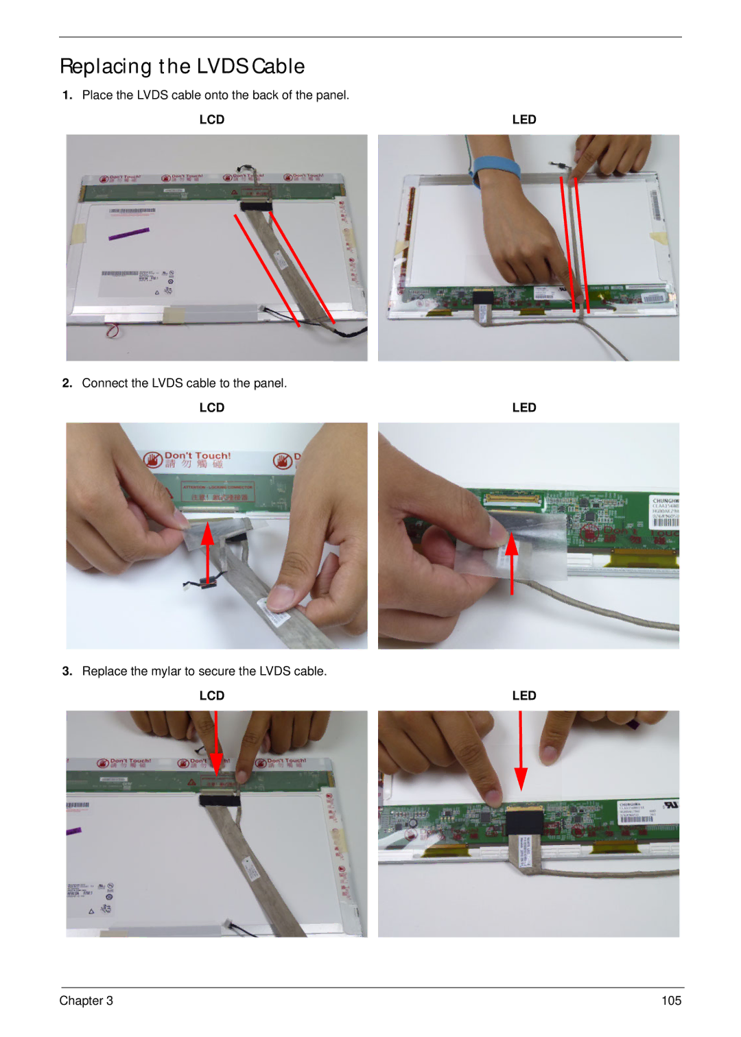 Acer 5552G, 5252 manual Replacing the Lvds Cable, Lcd Led 