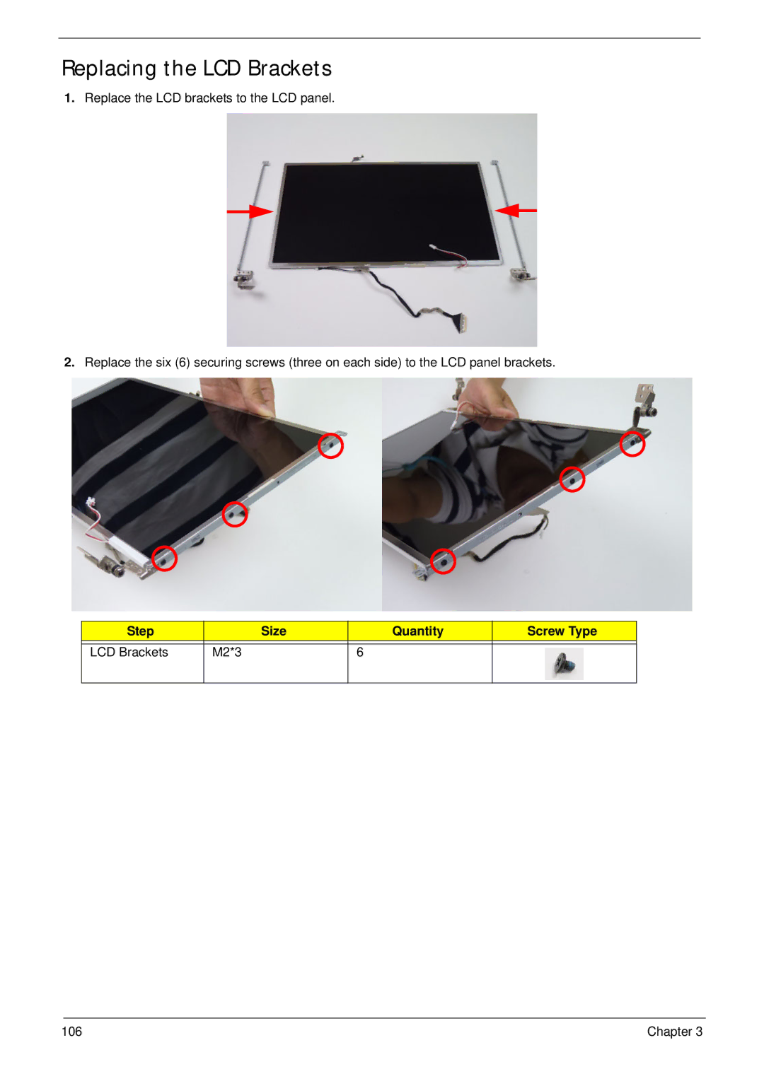 Acer 5252, 5552G manual Replacing the LCD Brackets, Step Size Quantity Screw Type LCD Brackets M2*3 