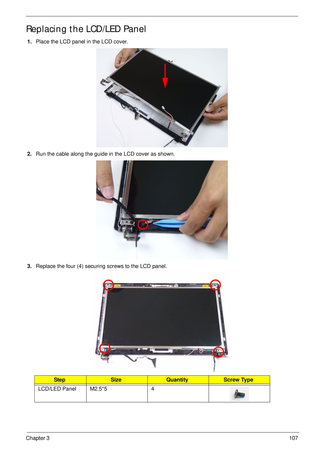 Acer 5252, 5552G manual Replacing the LCD/LED Panel, Step Size Quantity Screw Type LCD/LED Panel M2.5*5 