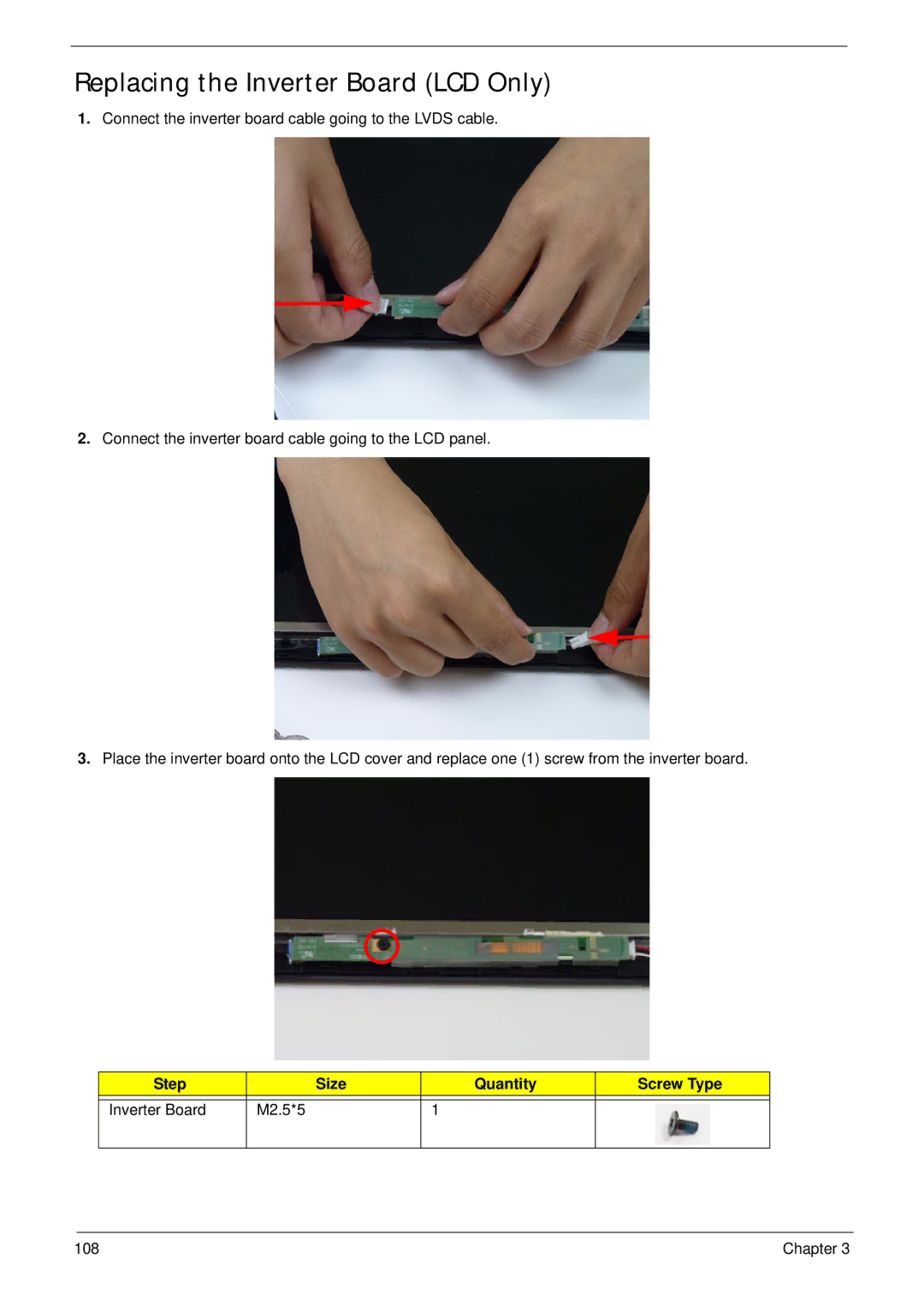 Acer 5552G, 5252 manual Replacing the Inverter Board LCD Only, Step Size Quantity Screw Type Inverter Board M2.5*5 