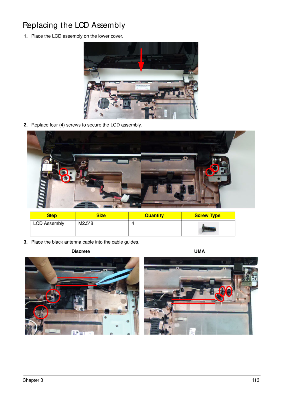 Acer 5252, 5552G manual Replacing the LCD Assembly, Step Size Quantity Screw Type LCD Assembly M2.5*8 