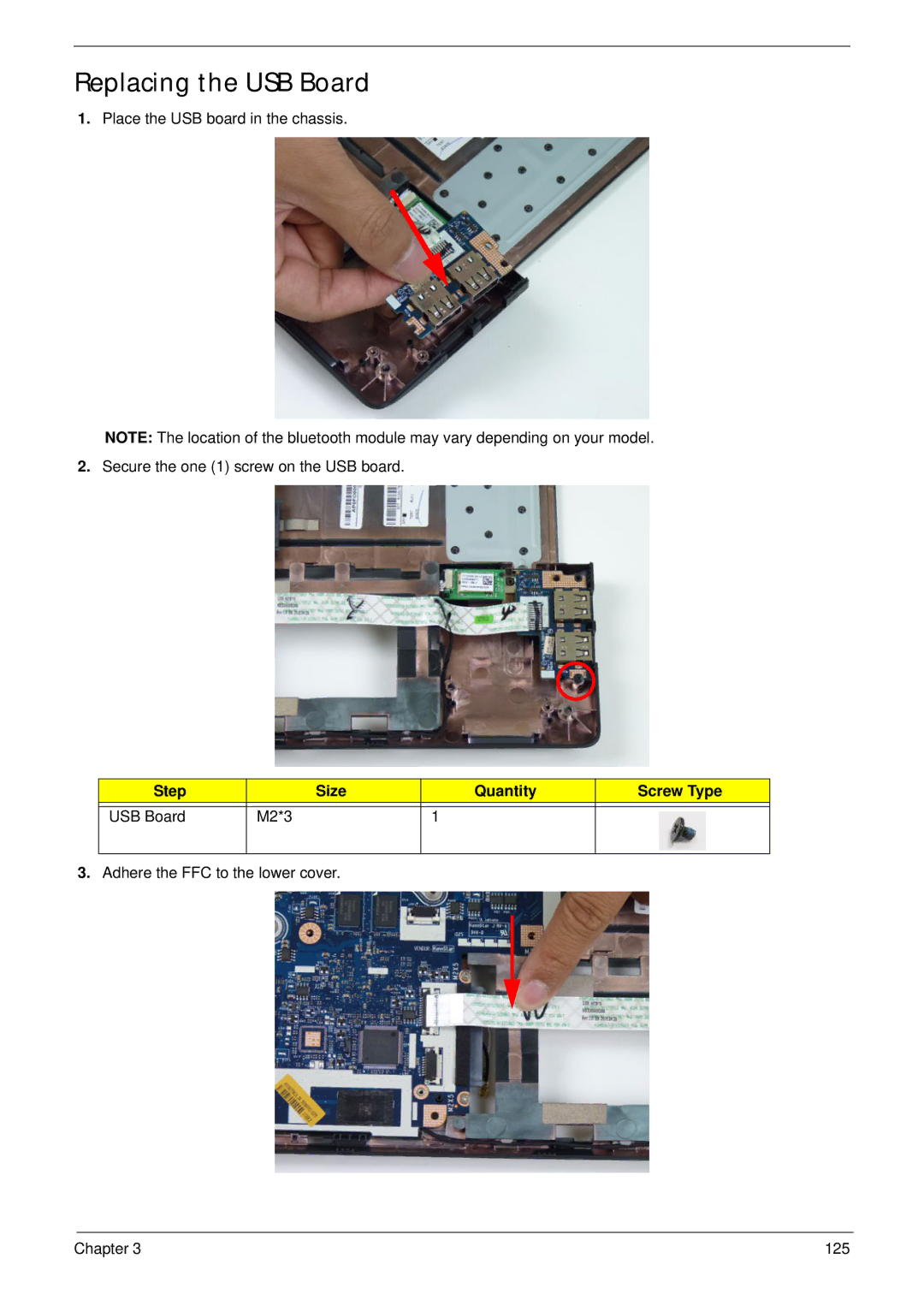 Acer 5252, 5552G manual Replacing the USB Board, Step Size Quantity Screw Type USB Board M2*3 