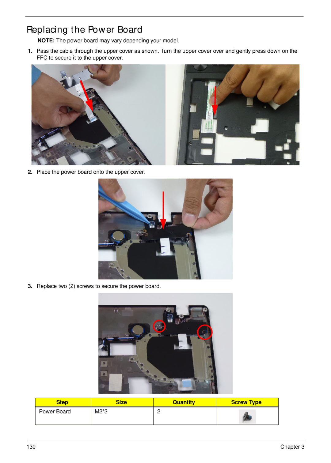 Acer 5252, 5552G manual Replacing the Power Board, Step Size Quantity Screw Type Power Board M2*3 