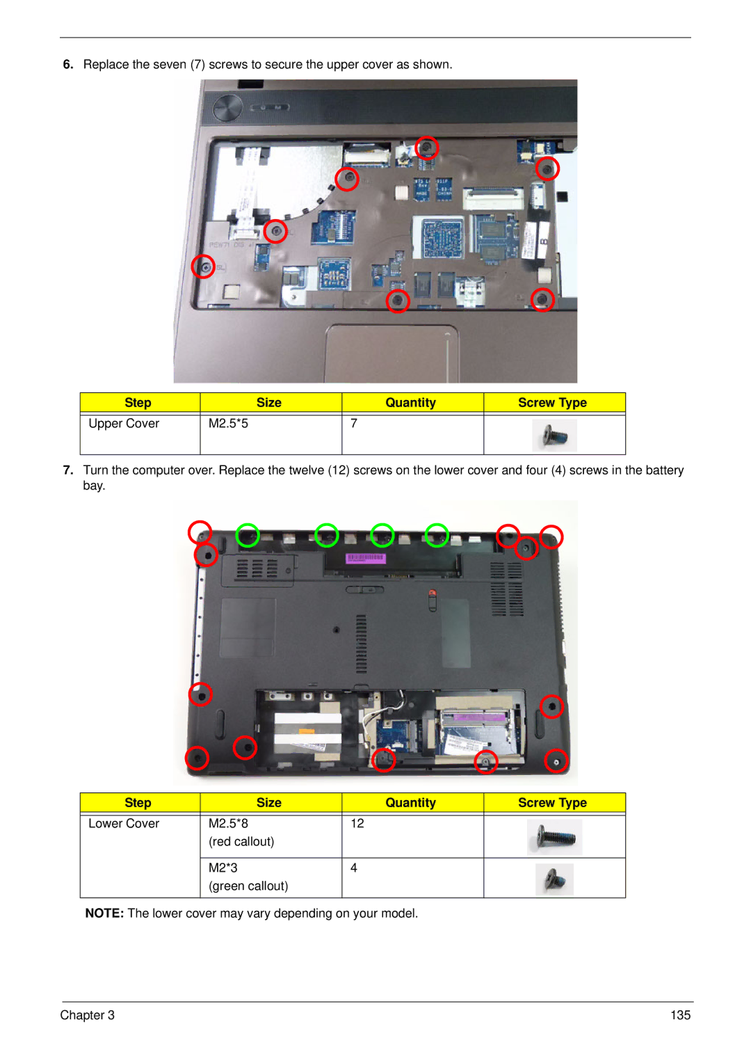 Acer 5552G, 5252 manual Step Size Quantity Screw Type Upper Cover M2.5*5 