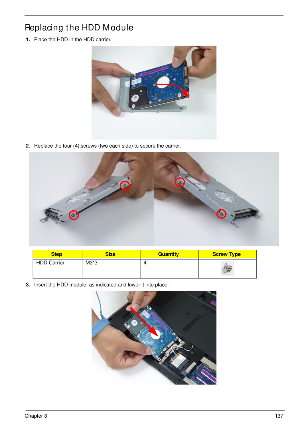 Acer 5252, 5552G manual Replacing the HDD Module, Step Size Quantity Screw Type HDD Carrier M3*3 