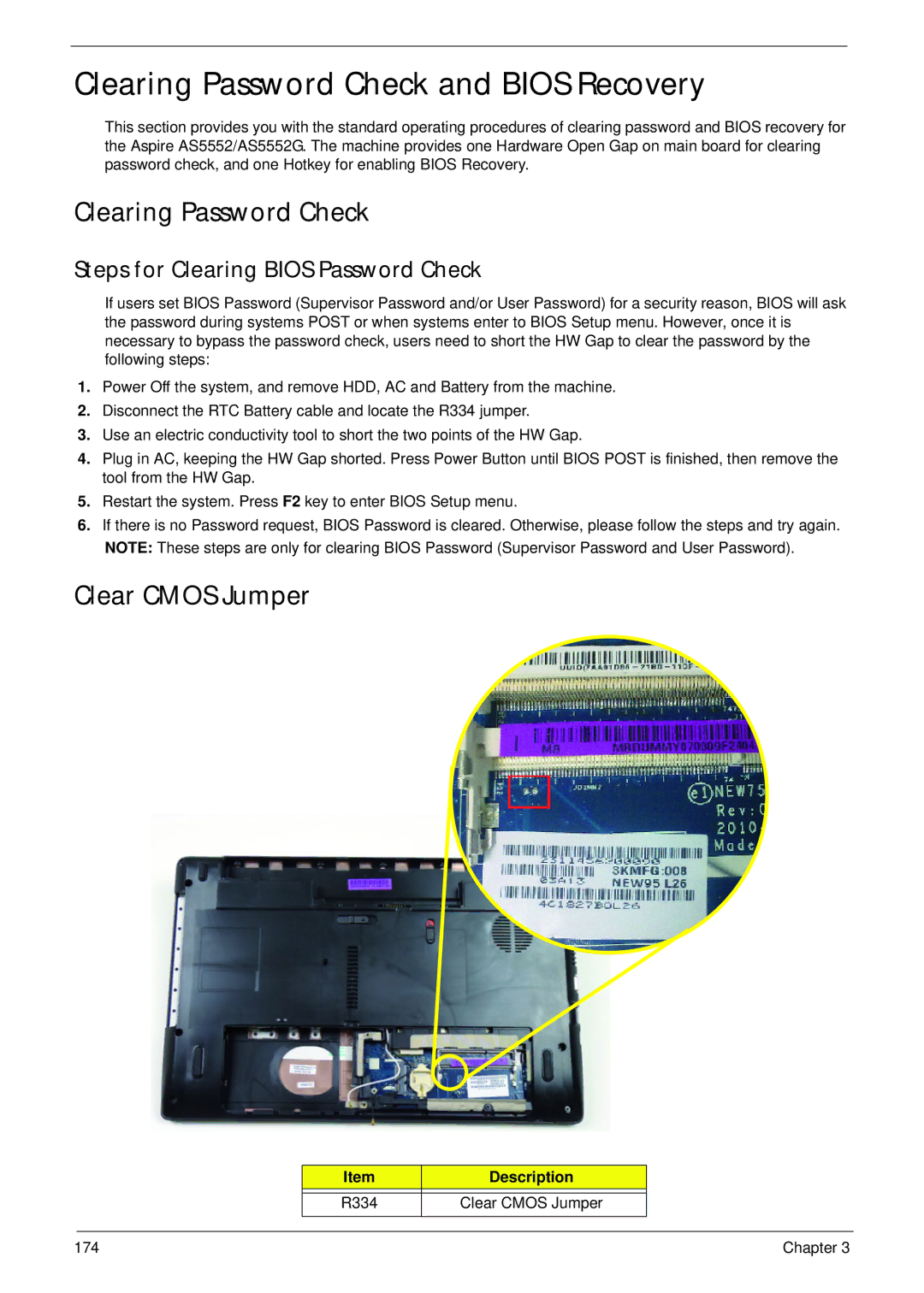 Acer 5552G, 5252 manual Clearing Password Check and Bios Recovery, Clear Cmos Jumper, Steps for Clearing Bios Password Check 