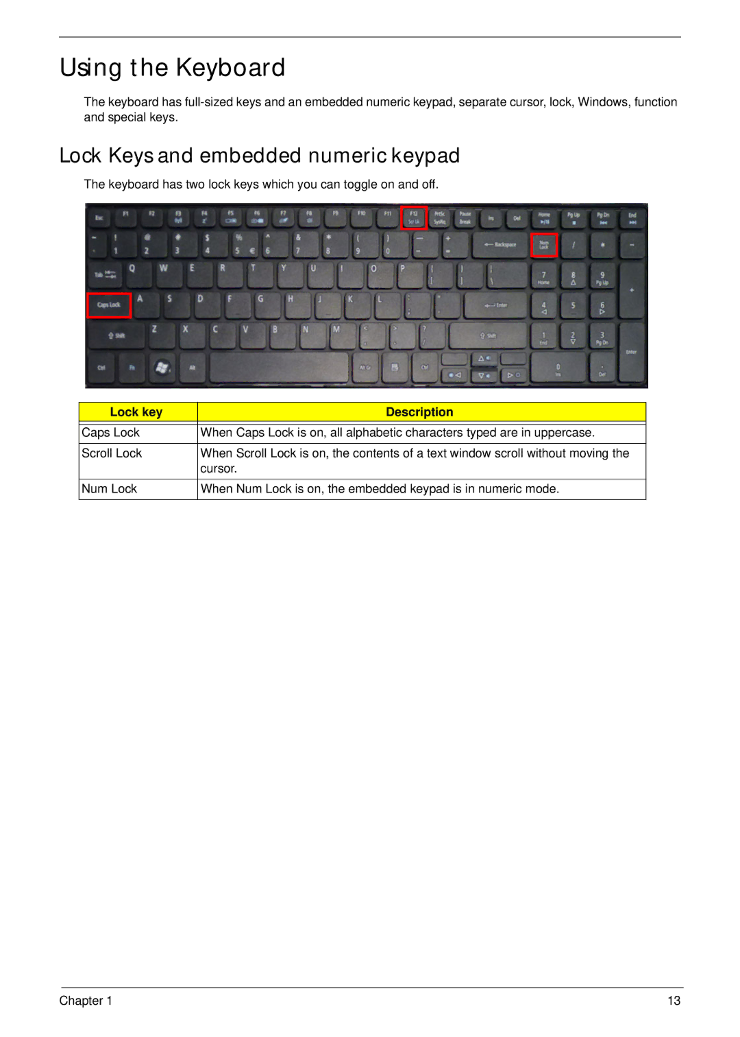 Acer 5252, 5552G manual Using the Keyboard, Lock Keys and embedded numeric keypad, Lock key Description 