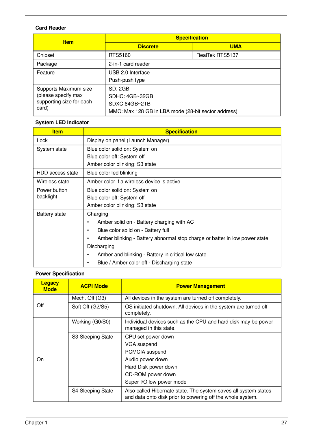 Acer 5552G, 5252 manual Card Reader Specification Discrete, System LED Indicator Specification 