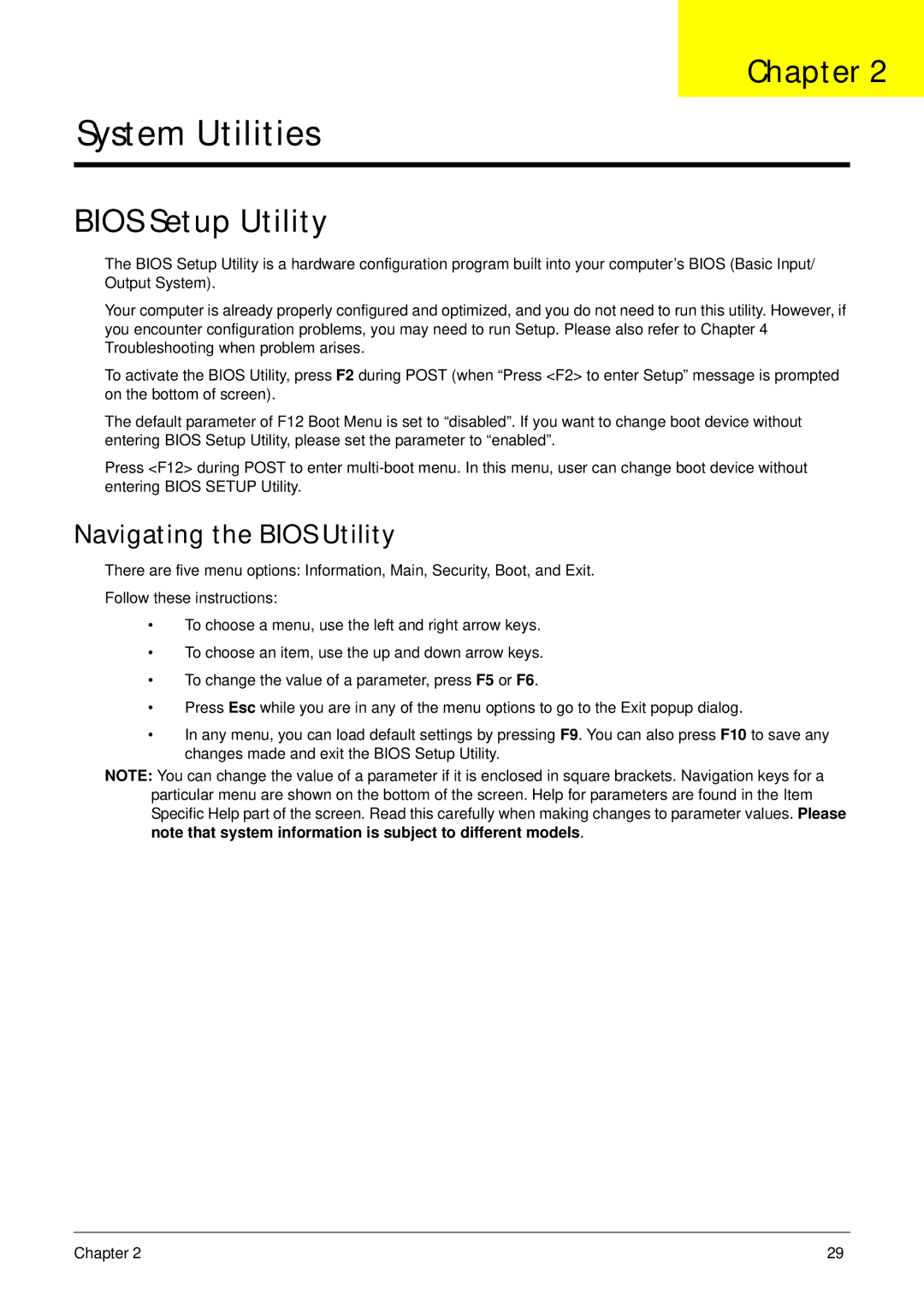 Acer 5252, 5552G manual Bios Setup Utility, Navigating the Bios Utility 