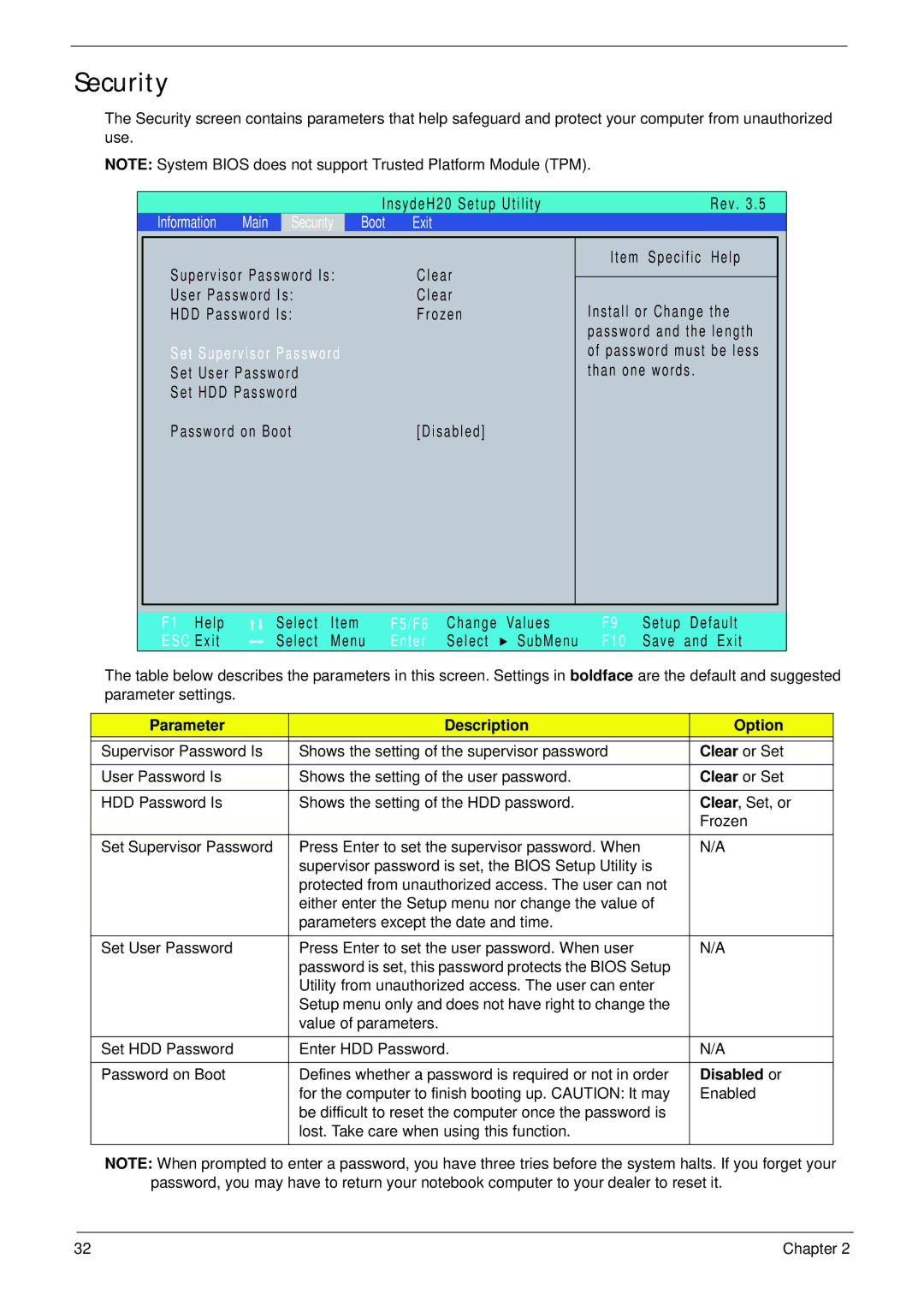 Acer 5252, 5552G manual Security, Parameter Description Option, Clear or Set, Disabled or 