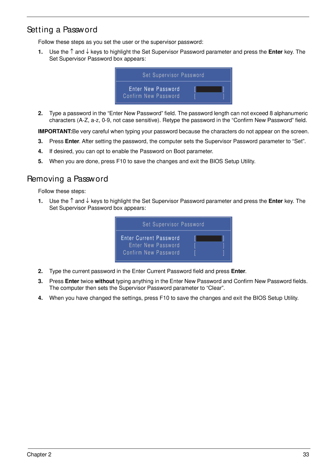 Acer 5552G, 5252 manual Setting a Password, Removing a Password 