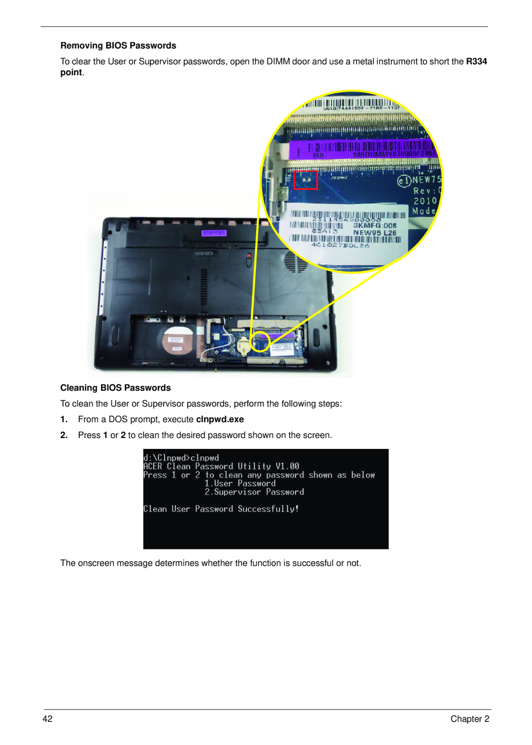 Acer 5552G, 5252 manual Removing Bios Passwords, Cleaning Bios Passwords 