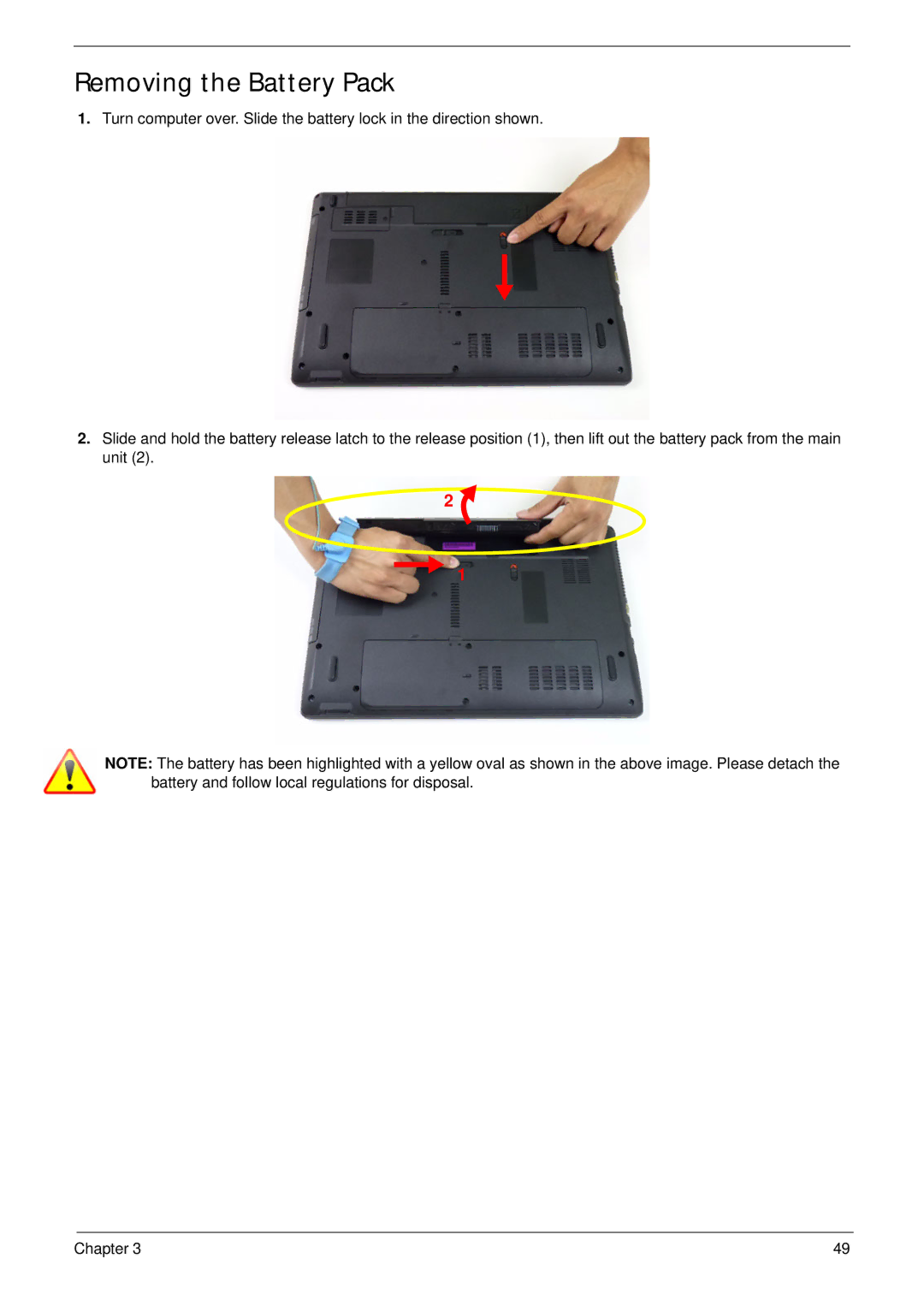 Acer 5252, 5552G manual Removing the Battery Pack 