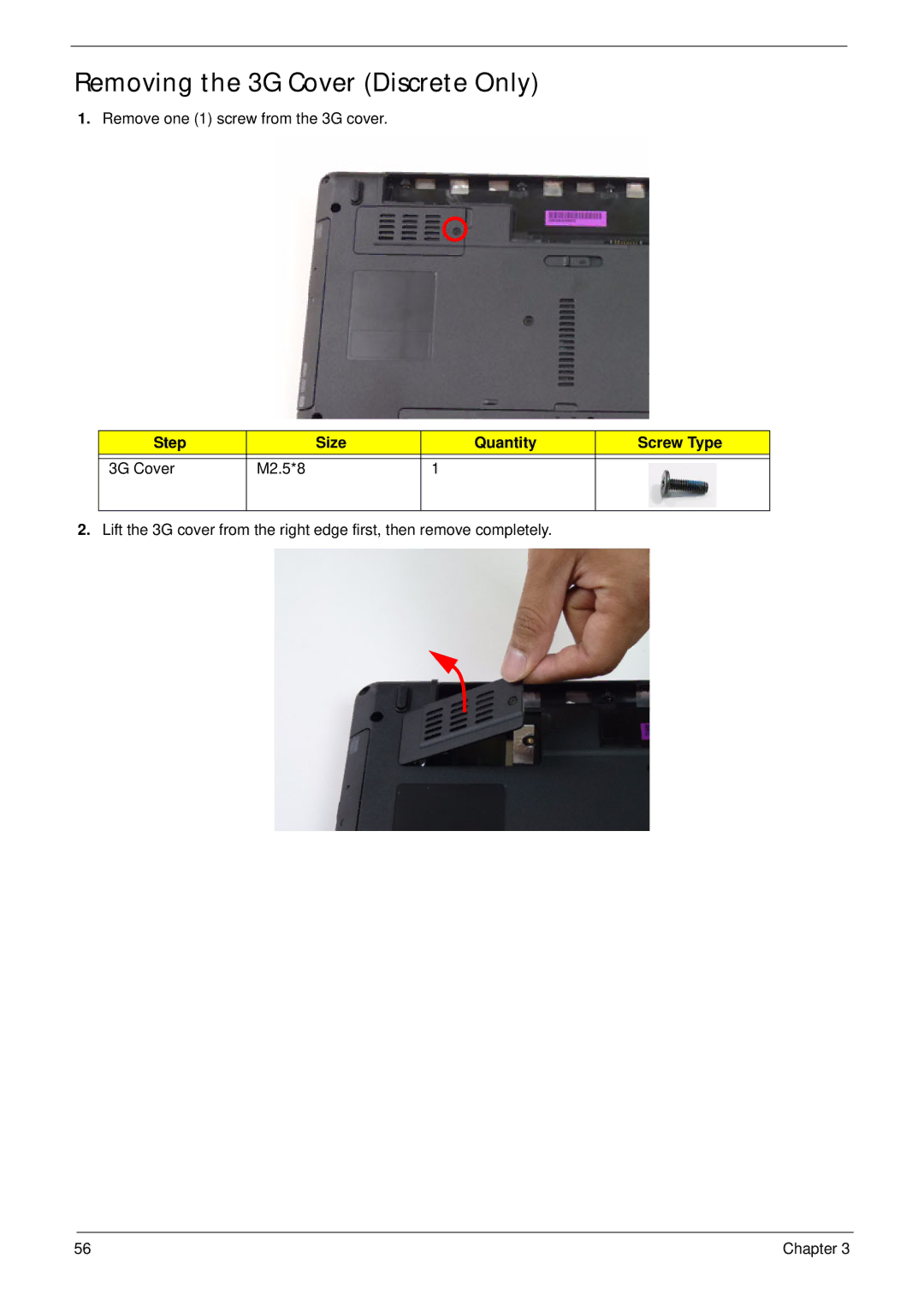 Acer 5252, 5552G manual Removing the 3G Cover Discrete Only, Step Size Quantity Screw Type 3G Cover M2.5*8 